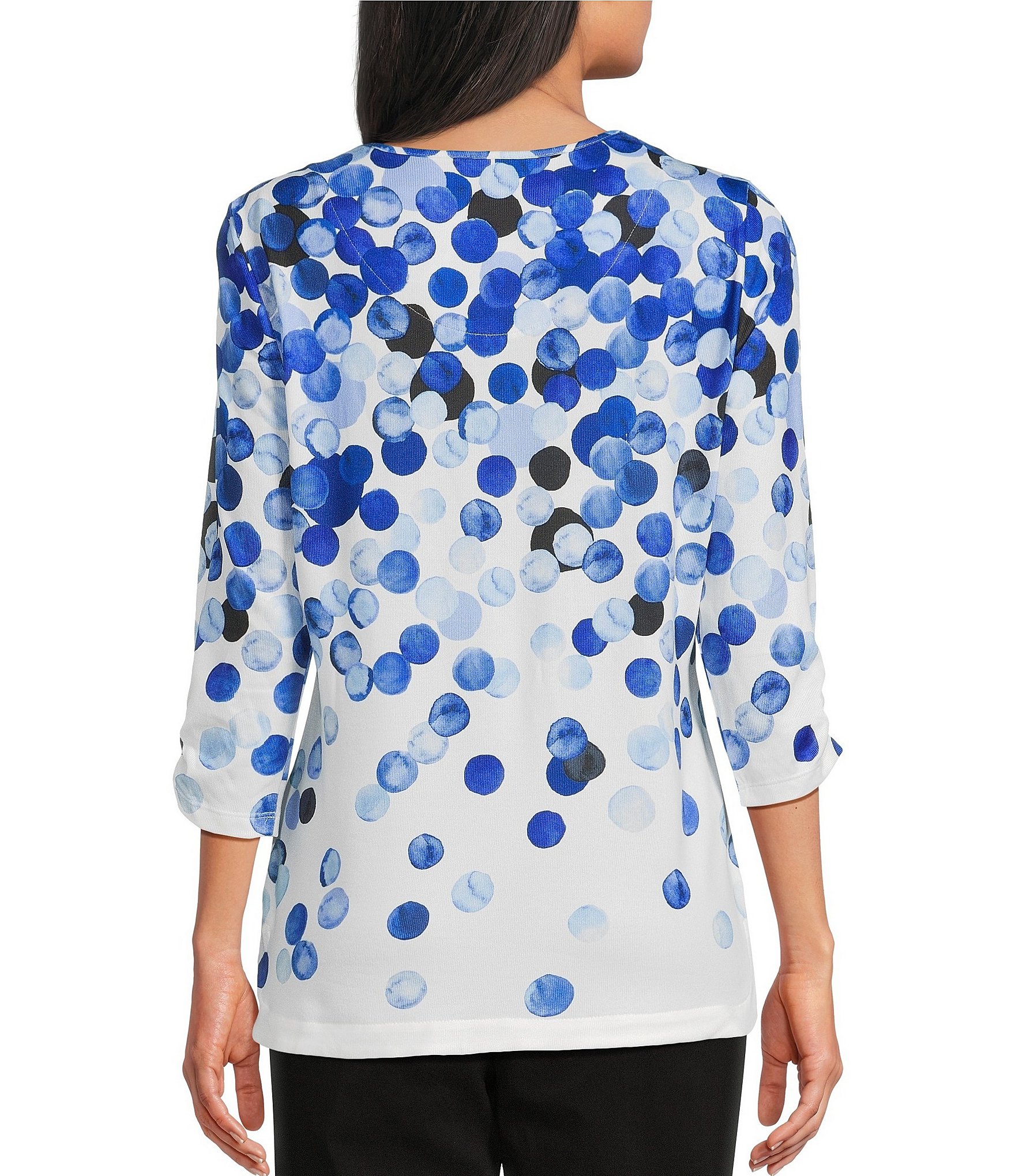 Allison Daley Petite Size Embellished Dotted Print 3/4 Sleeve Crew Neck Curve Hem Knit Top