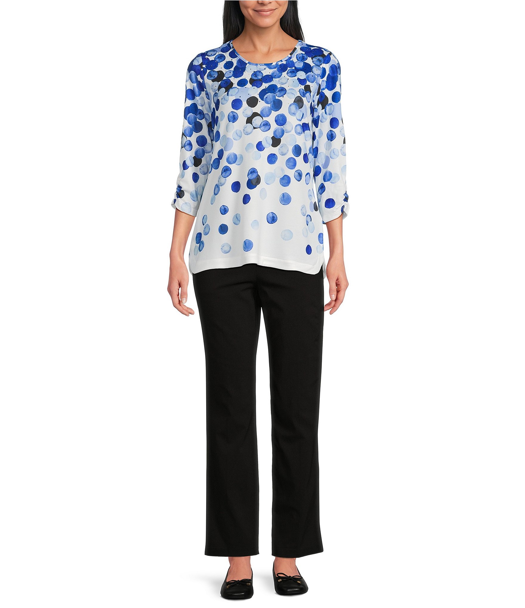 Allison Daley Petite Size Embellished Dotted Print 3/4 Sleeve Crew Neck Curve Hem Knit Top
