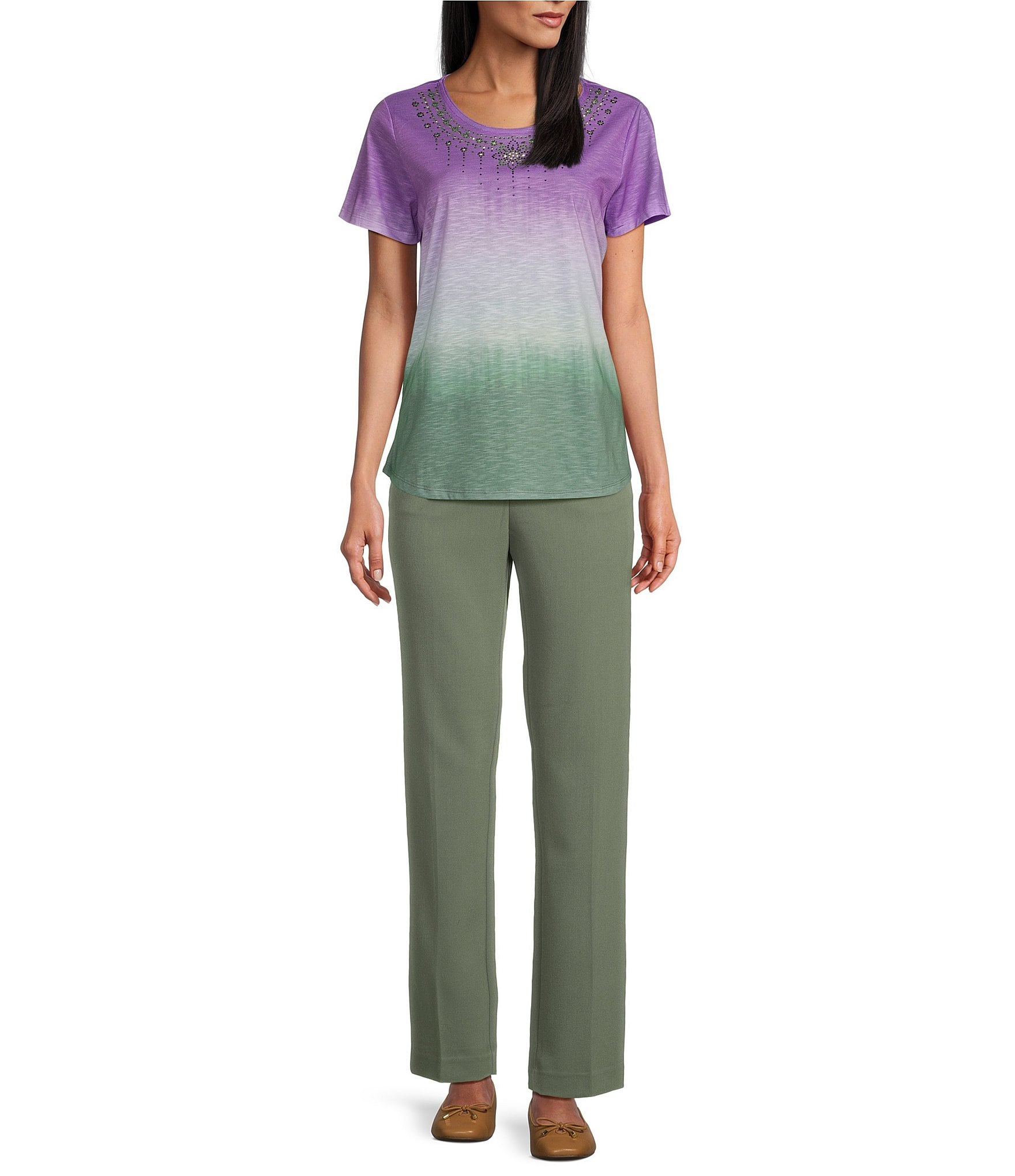 Allison Daley Petite Size Embellished Ombre Print Short Sleeve Crew Neck Knit Top
