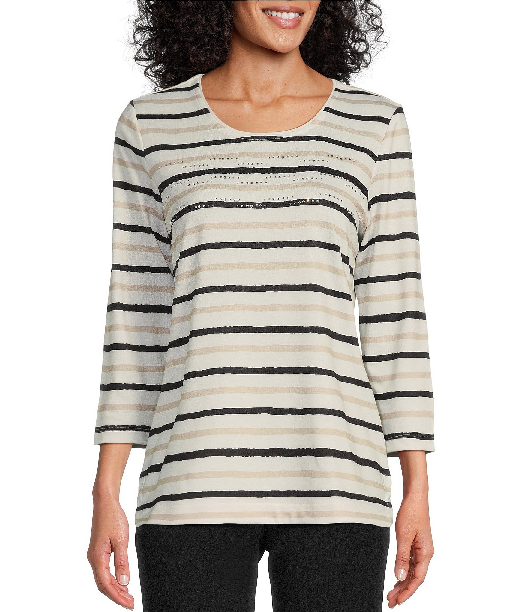 Allison Daley Petite Size Embellished Stripe Print 3/4 Sleeve Crew Neck ...