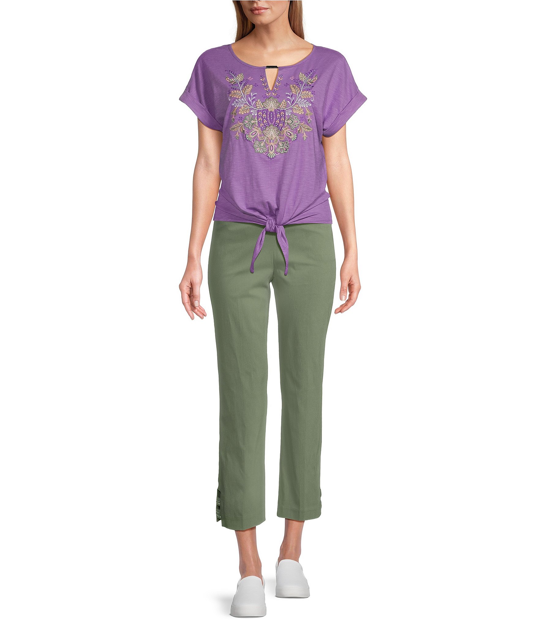 Allison Daley Petite Size Embroidered Cap Sleeve Keyhole Neck Tie Front Knit Top