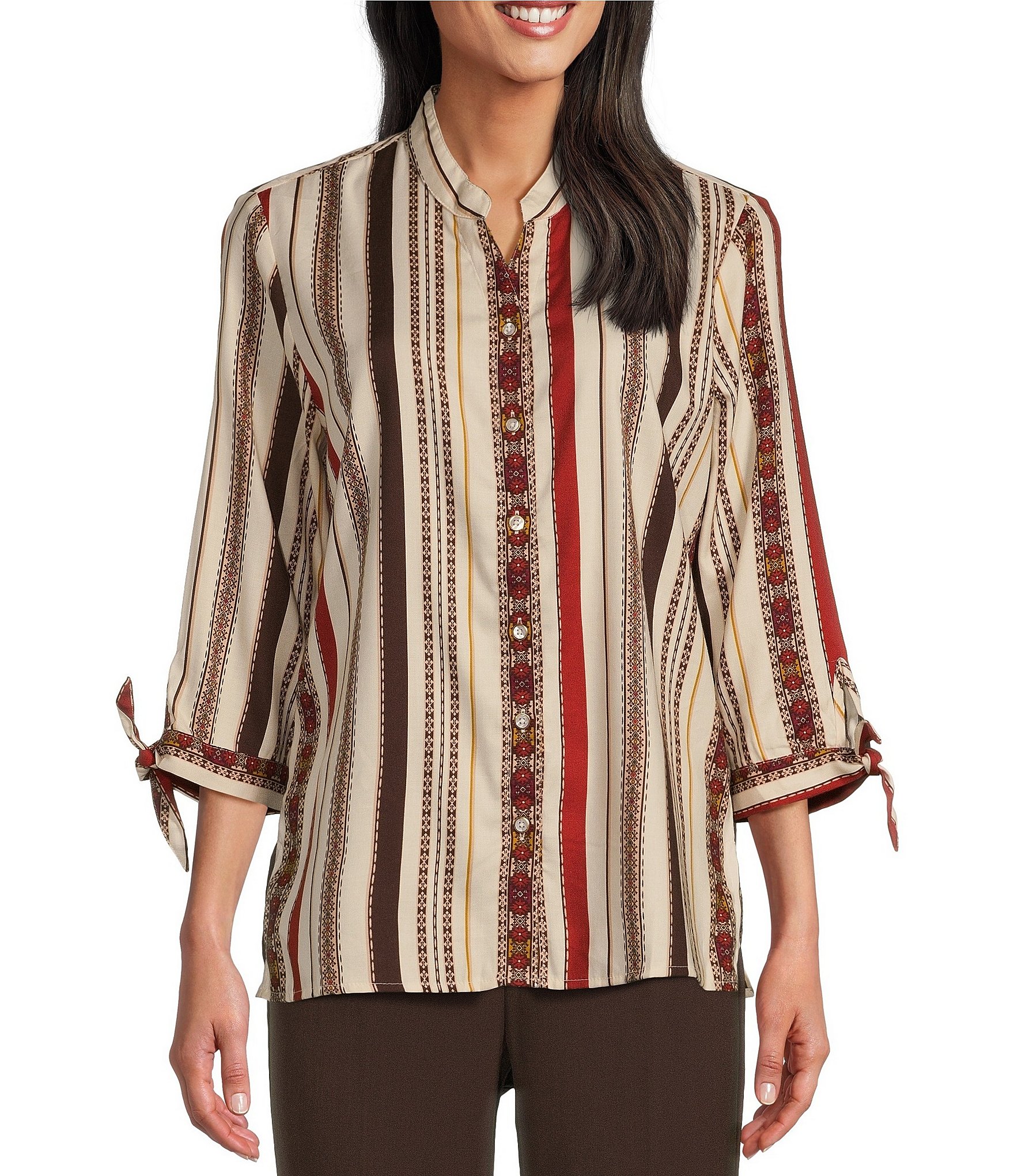 Allison Daley Petite Size Espresso Multi Stripe Print Tie 3/4 Sleeve Y-Neck Button Front Top