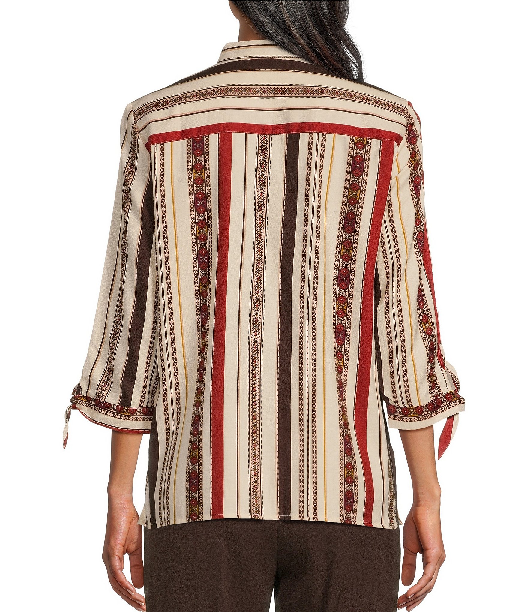 Allison Daley Petite Size Espresso Multi Stripe Print Tie 3/4 Sleeve Y-Neck Button Front Top