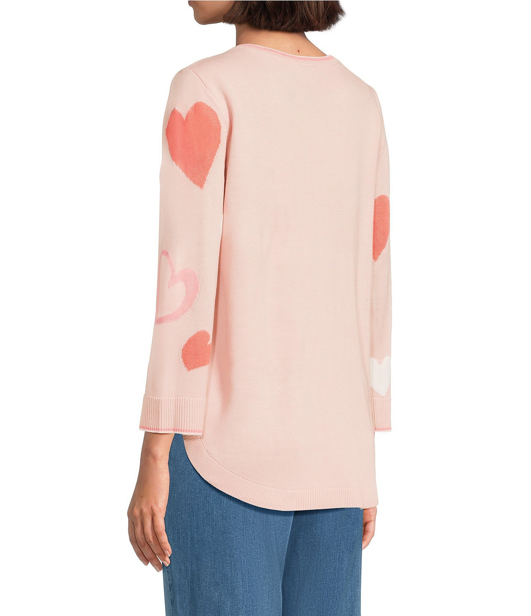 Allison Daley Petite Size Floating Hearts 3/4 Sleeve Crew Neck Curve Hem Sweater