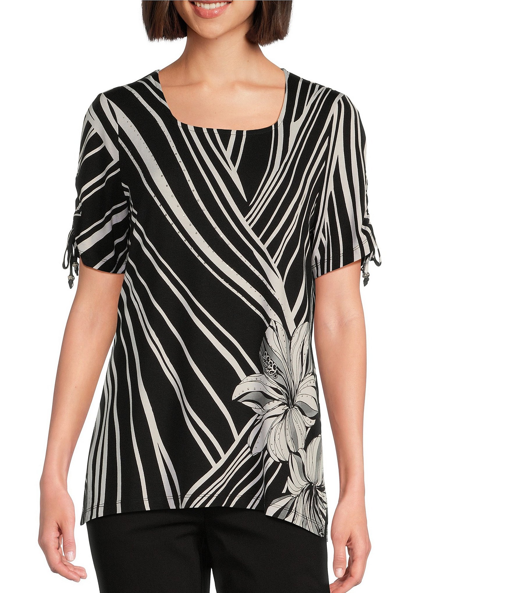 Allison Daley Petite Size Hibiscus Wave Print Short Ruched