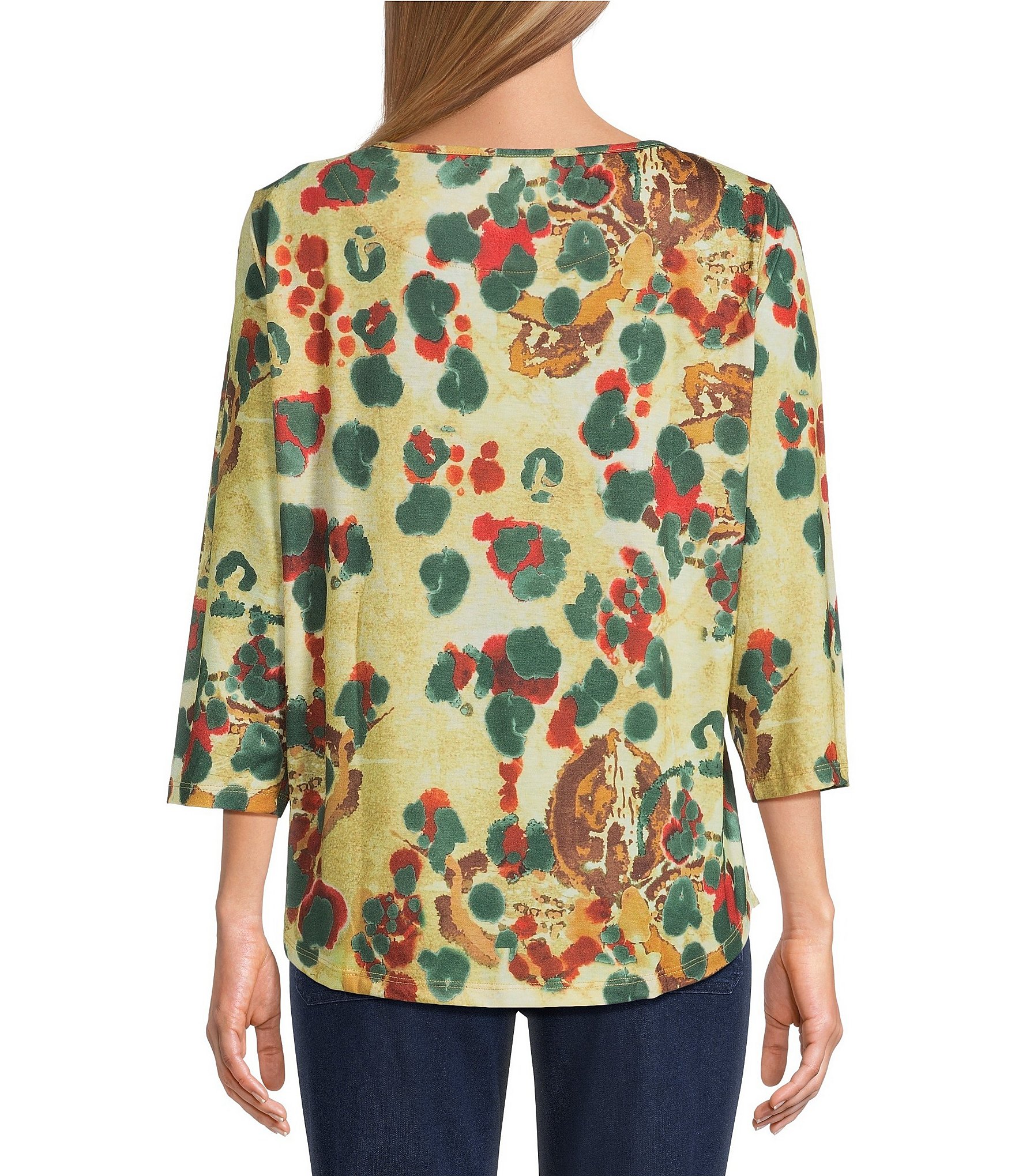 Allison Daley Petite Size Multi Spot 3/4 Sleeve Boat Neck Knit Top