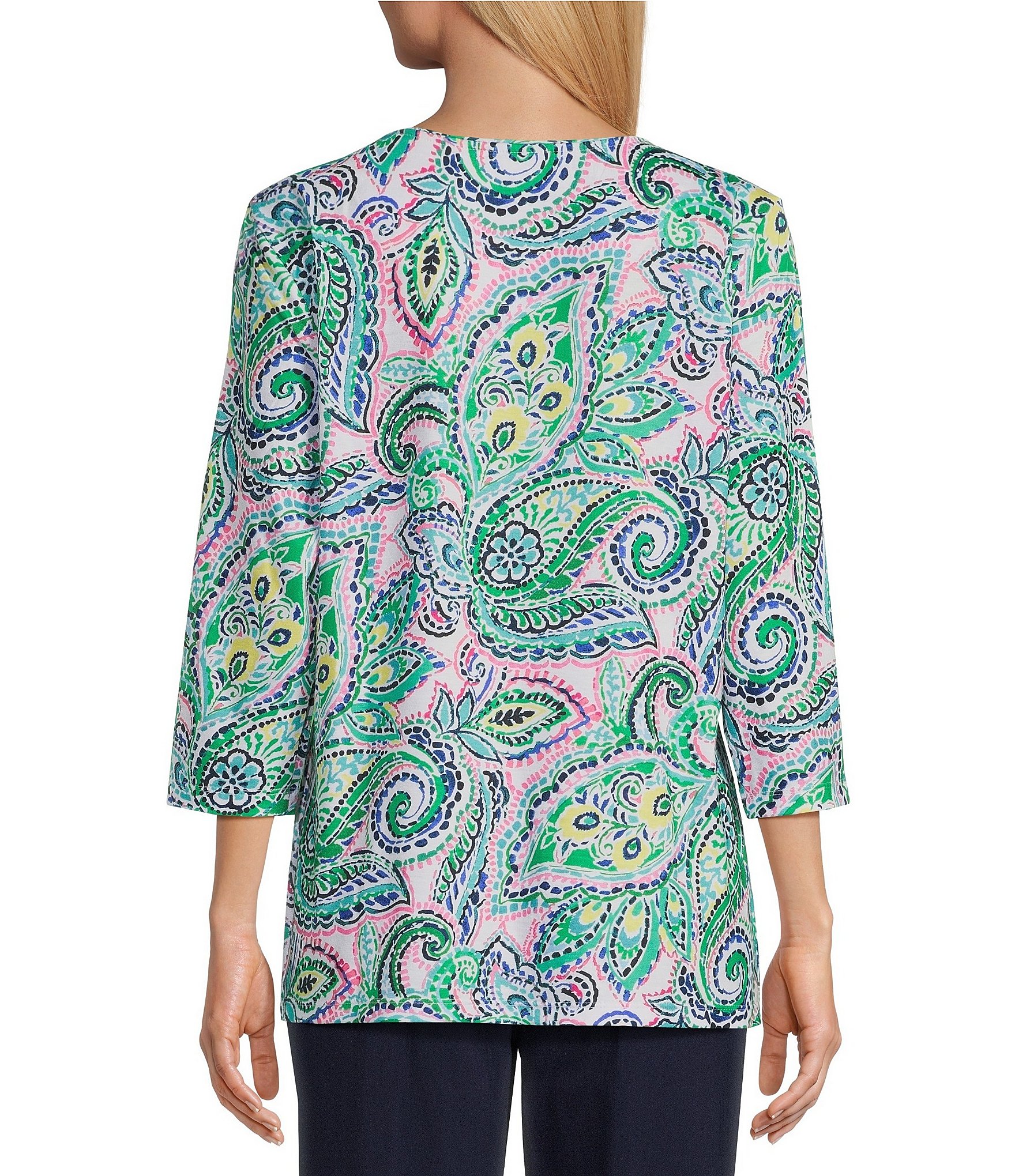 Allison Daley Petite Size Painterly Paisley Print 3/4 Sleeve Crew Neck Knit Top