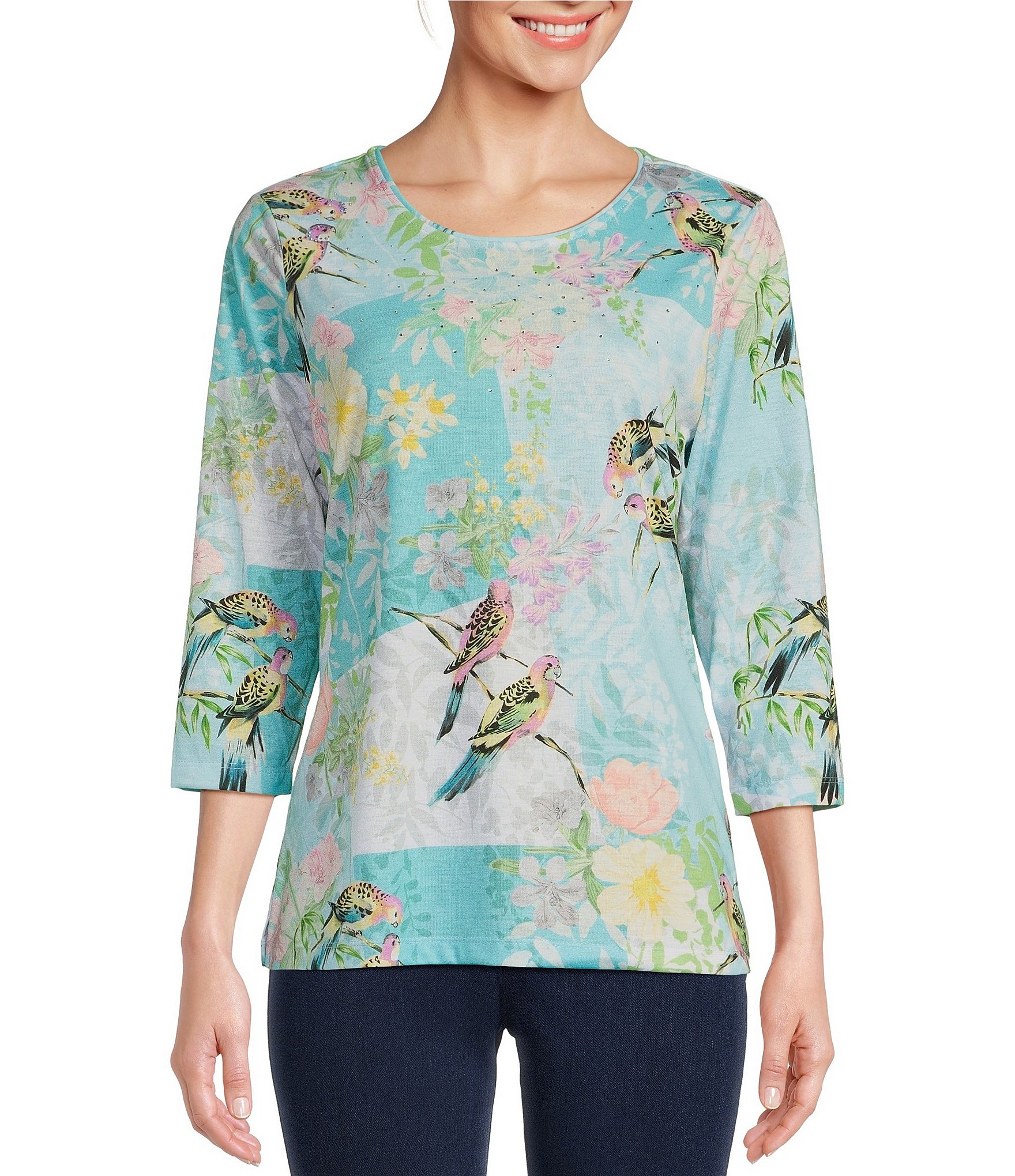 Allison Daley Petite Size Parrot Floral Patches Print Embellished Crew ...