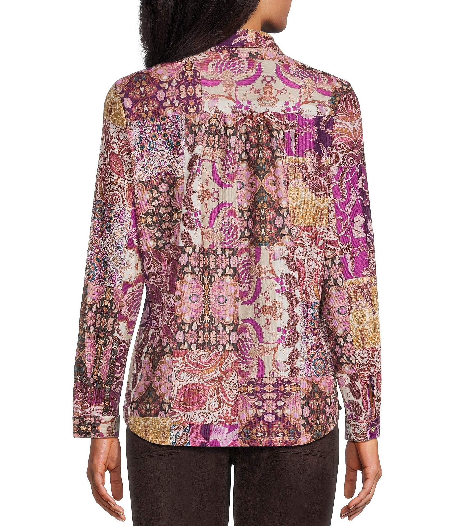 Allison Daley Petite Size Patchwork Long Sleeve Point Collar Button Front Top