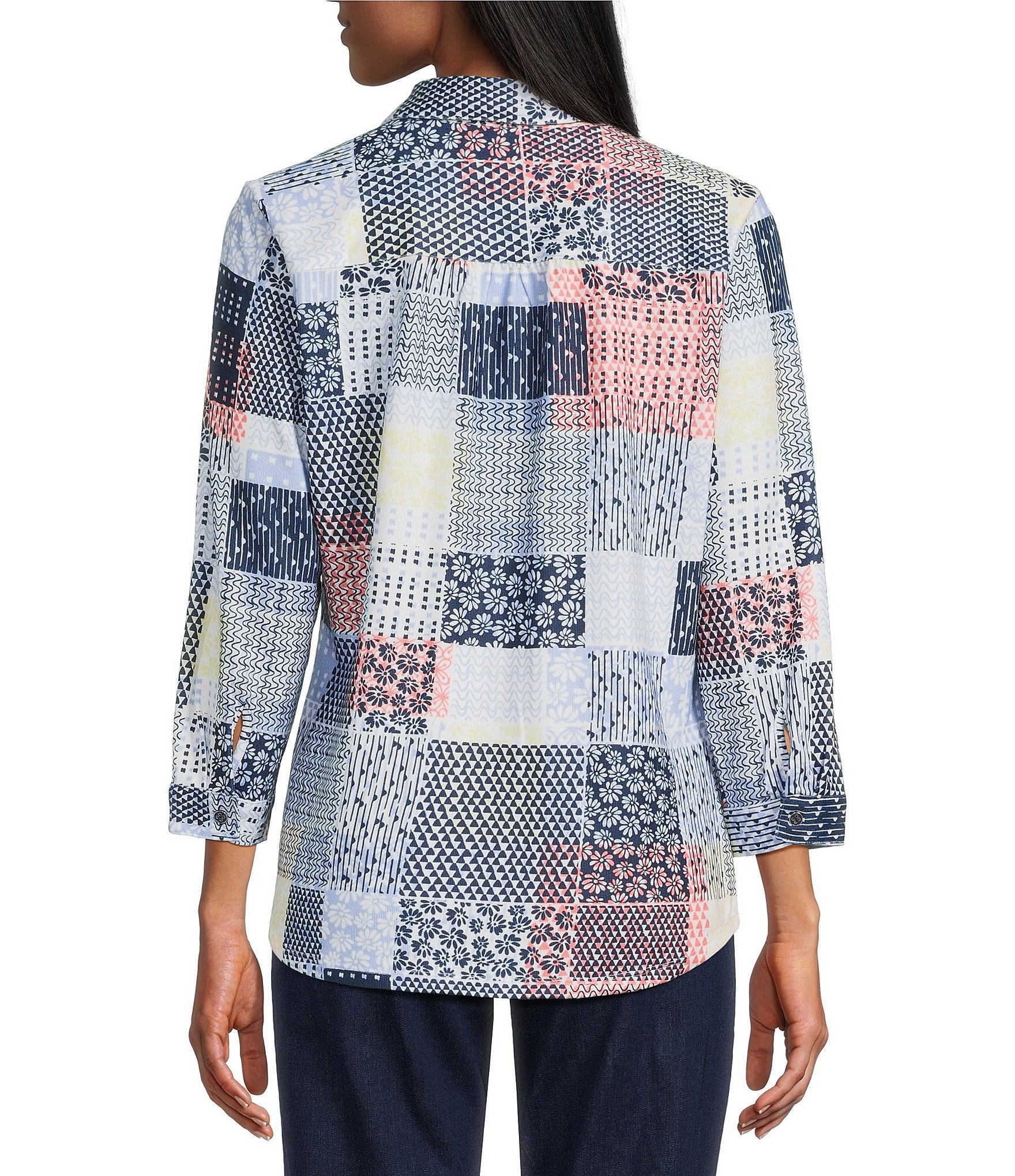 Allison Daley Petite Size Patchwork Print 3/4 Sleeve Point Collar Button Front Shirt