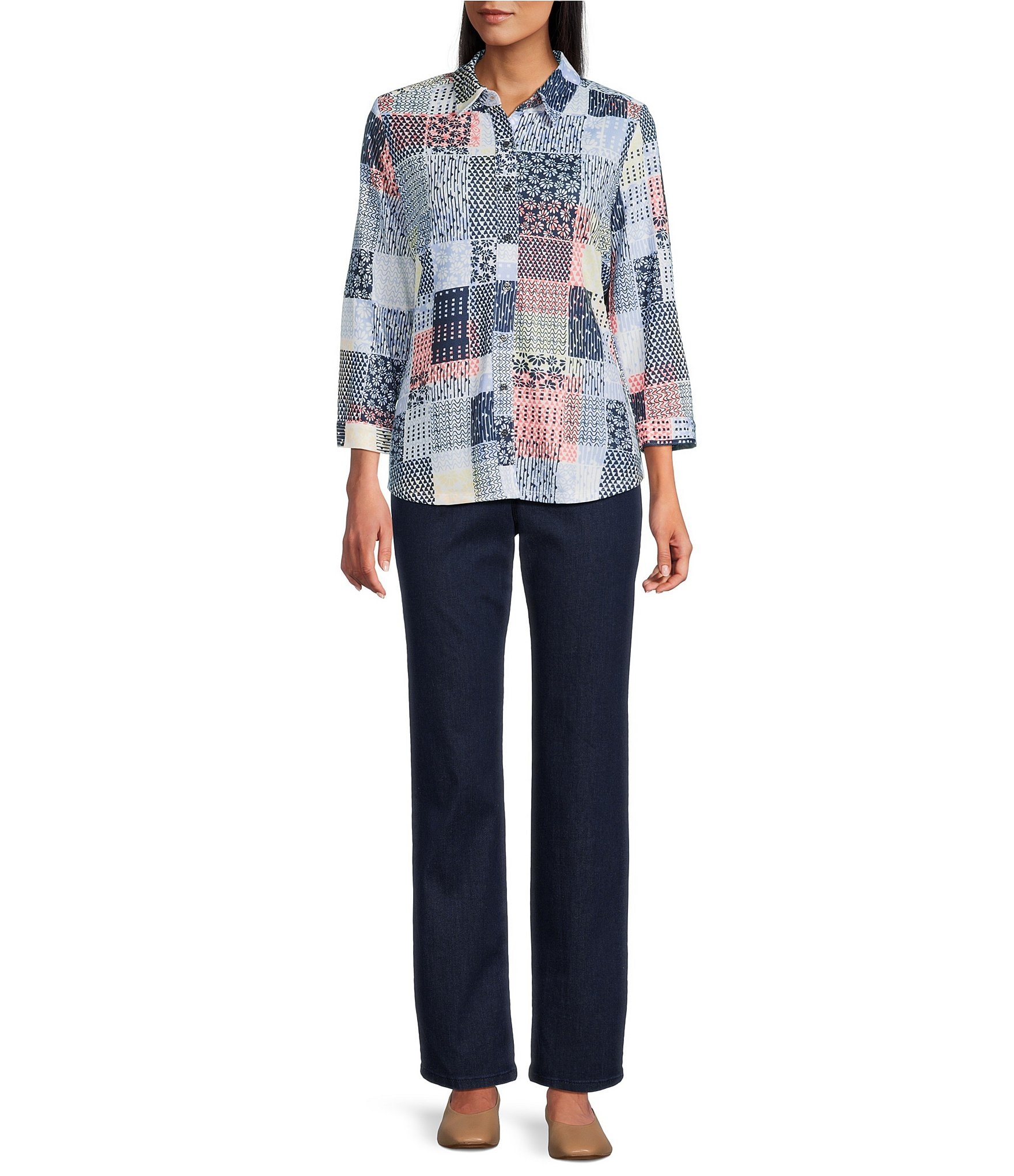 Allison Daley Petite Size Patchwork Print 3/4 Sleeve Point Collar Button Front Shirt