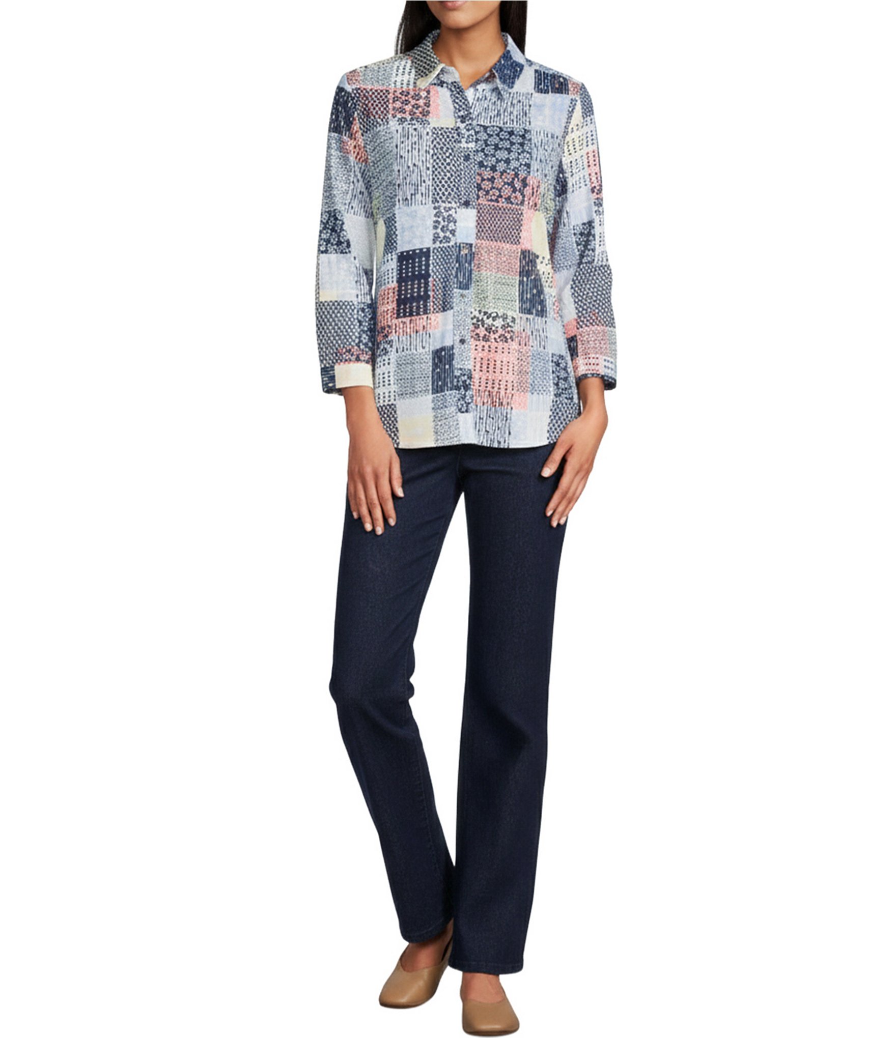 Allison Daley Petite Size Patchwork Print 3/4 Sleeve Point Collar Button Front Shirt