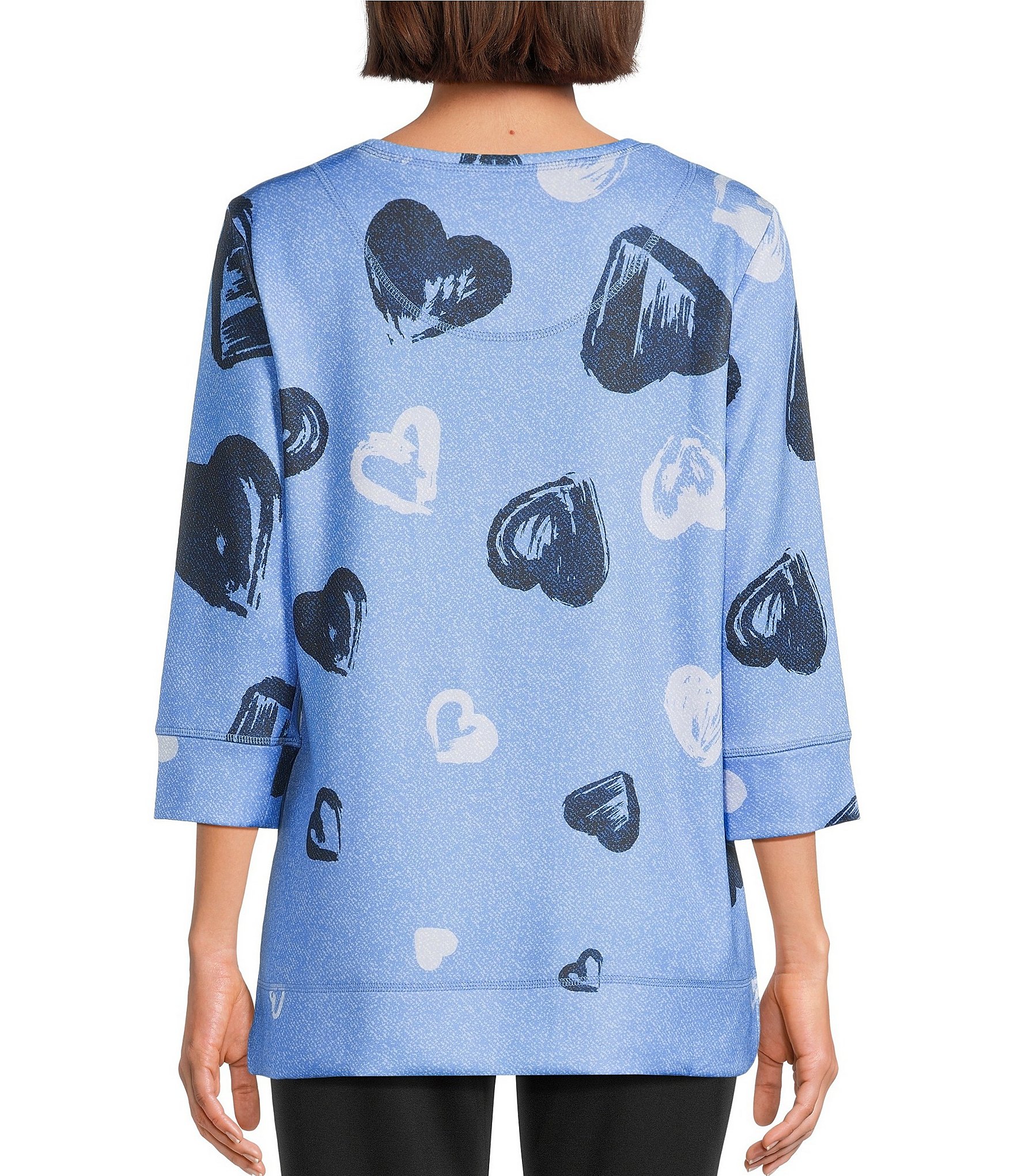 Allison Daley Petite Size Provence Blue Cascading Hearts Print Embellished 3/4 Sleeve Crew Neck Scuba Knit Top