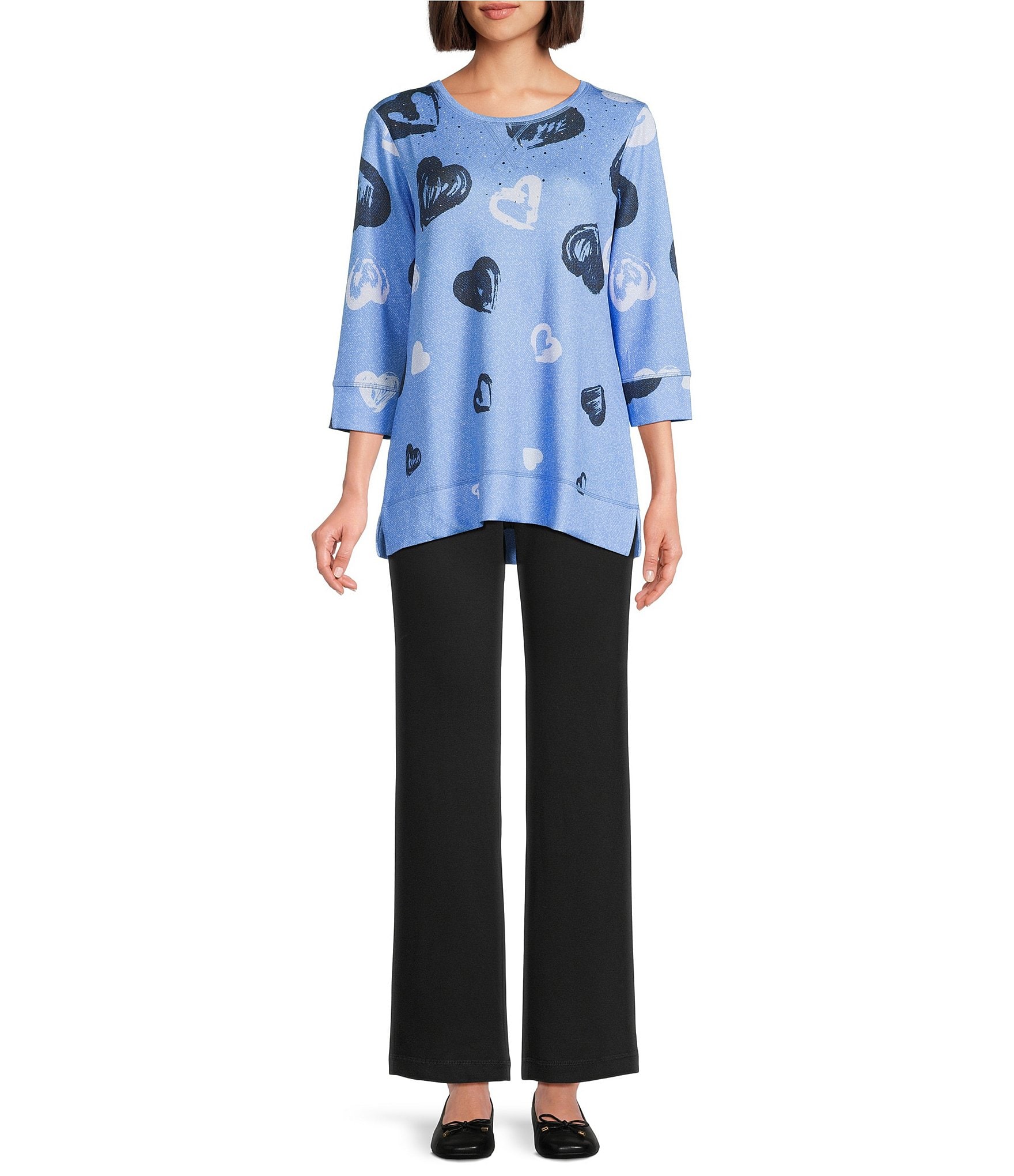 Allison Daley Petite Size Provence Blue Cascading Hearts Print Embellished 3/4 Sleeve Crew Neck Scuba Knit Top