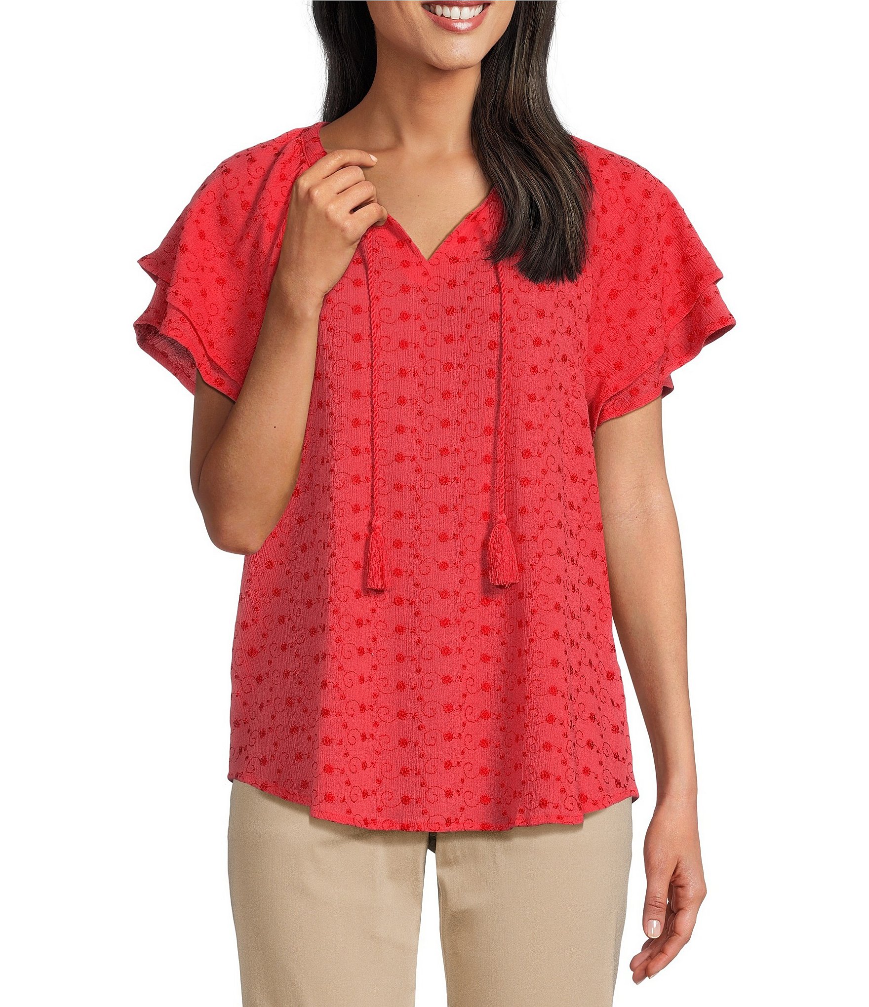 Allison Daley Petite Size Short Flutter Sleeve Tie Neck Embroidered ...