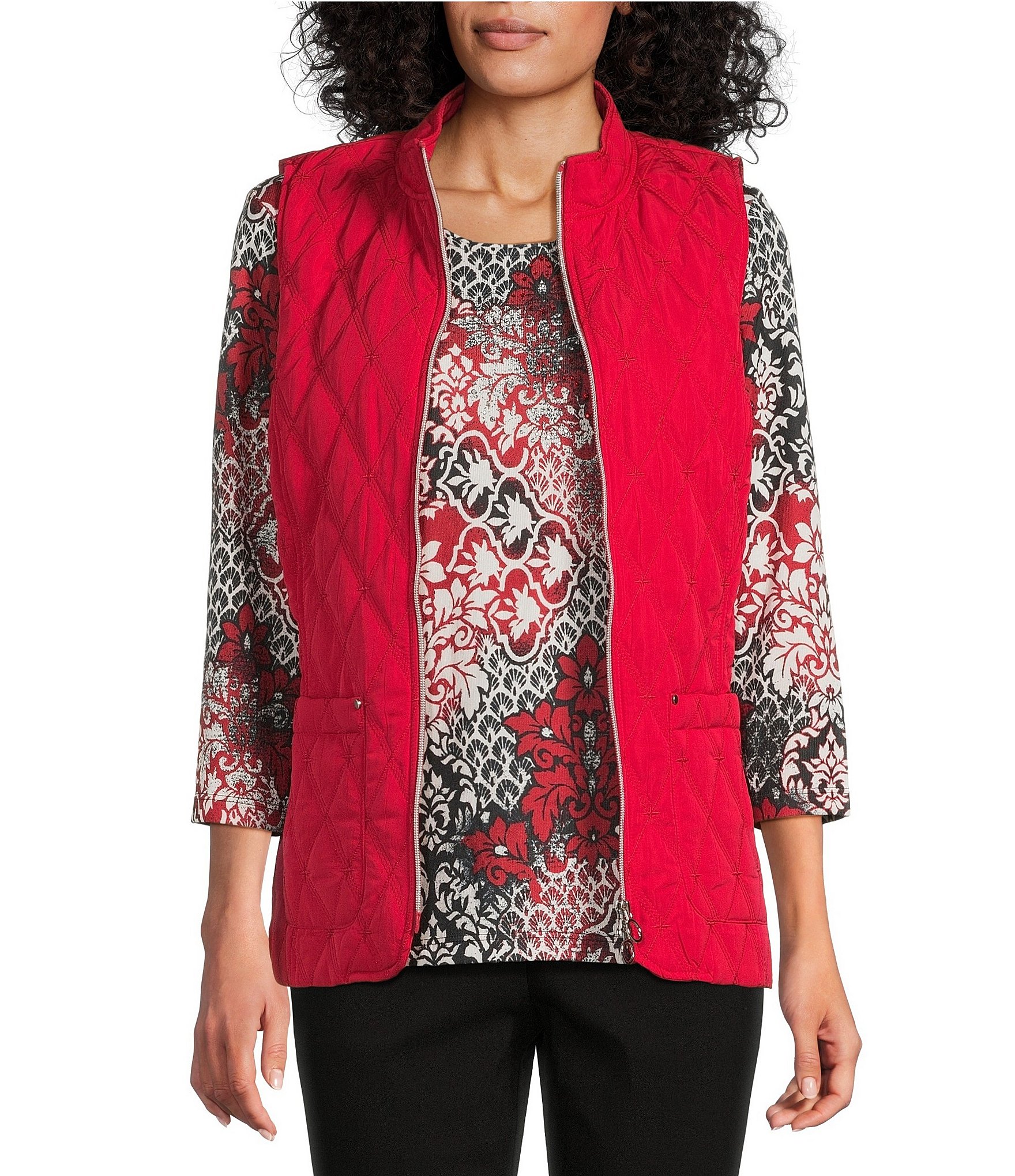 Allison Daley Petite Size Tango Red Trapunto Quilted Sleeveless Two-Way Zip-Up Vest