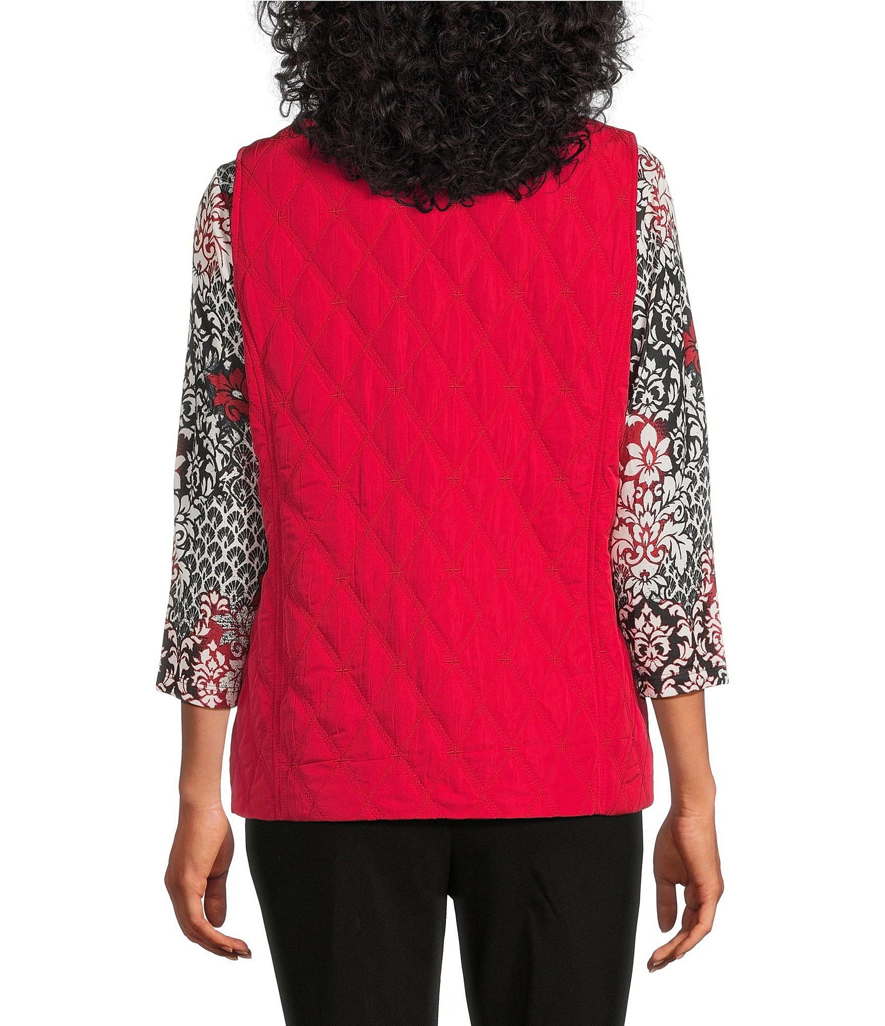 Allison Daley Petite Size Tango Red Trapunto Quilted Sleeveless Two-Way Zip-Up Vest
