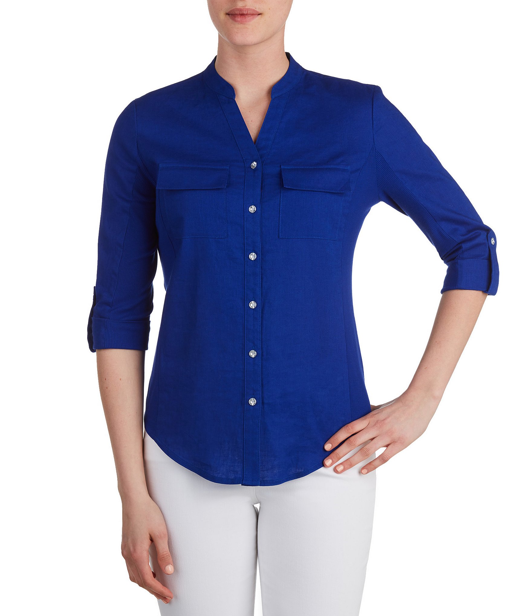 Allison Daley Petites Button Front Roll-Tab Sleeve Shirt | Dillards