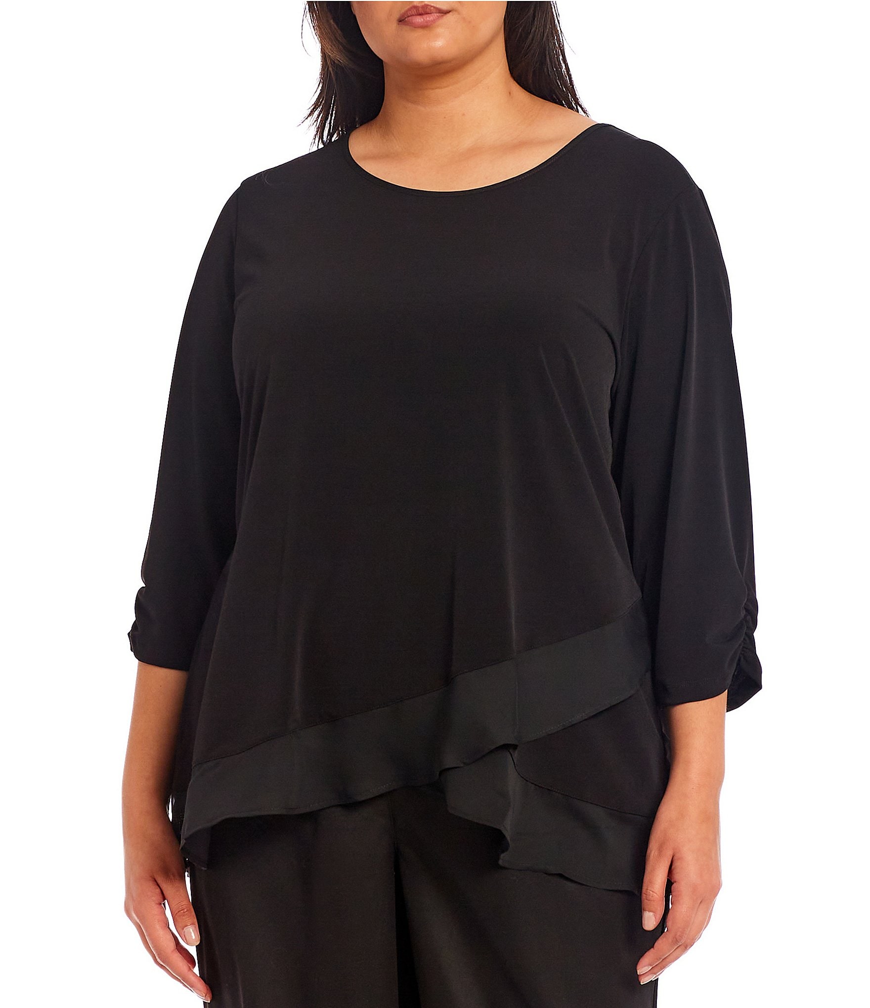 Allison Daley Plus Size 3/4 Ruched Sleeve Cross Over Ruffle Hem Round ...