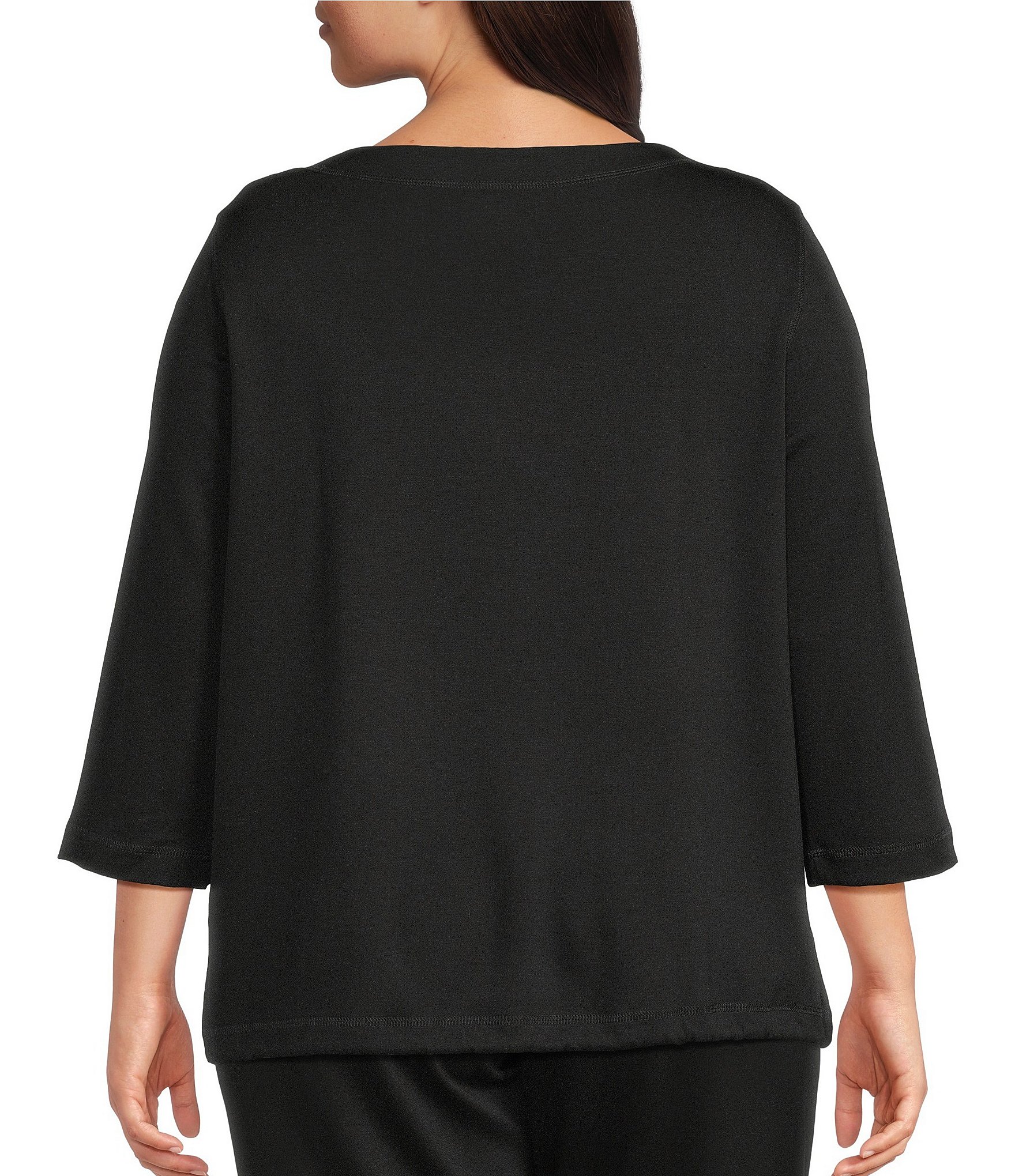 Allison Daley Plus Size 3/4 Sleeve Crew Neck Drawstring Hem Scuba Knit Top