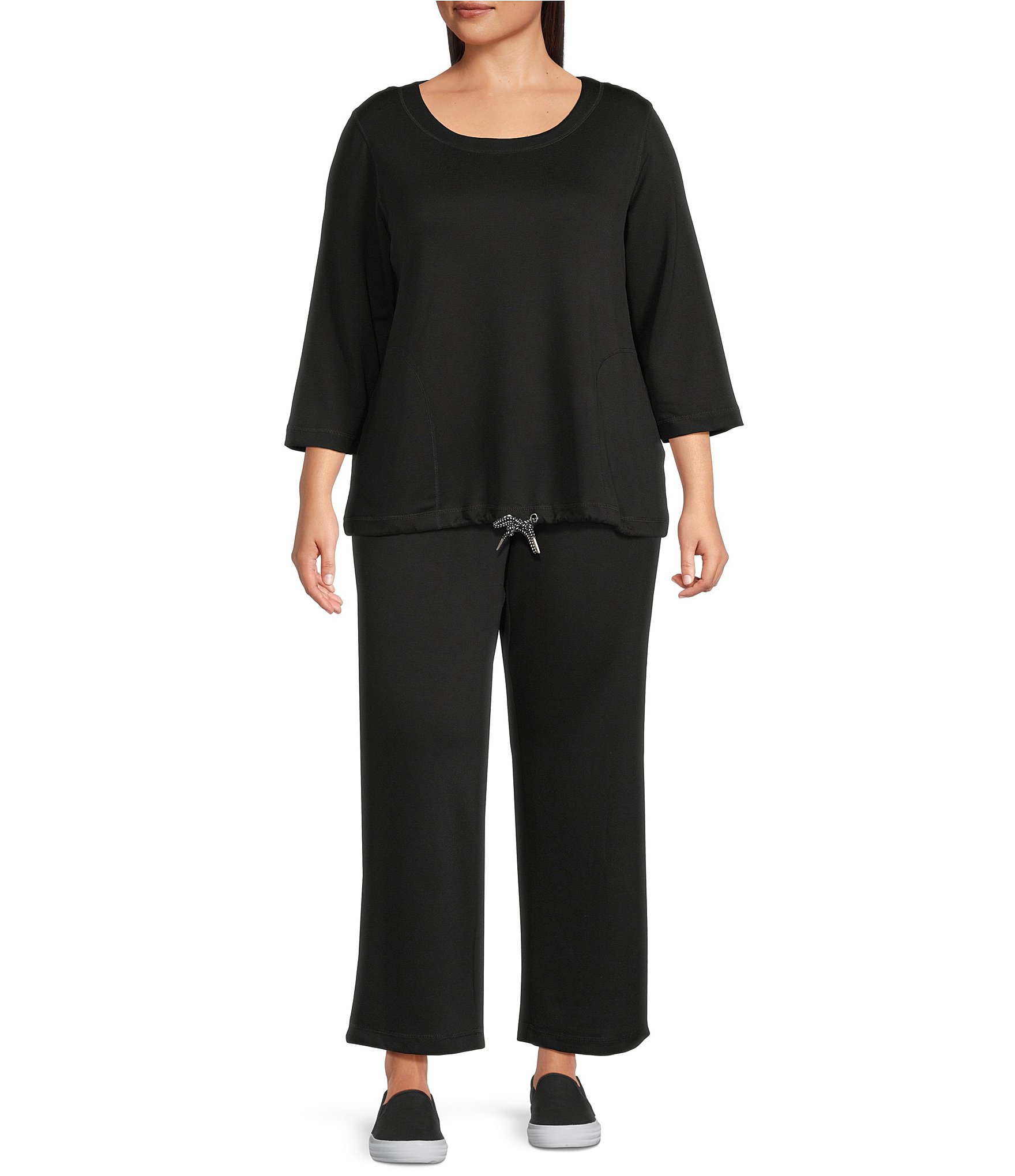 Allison Daley Plus Size 3/4 Sleeve Crew Neck Drawstring Hem Scuba Knit Top