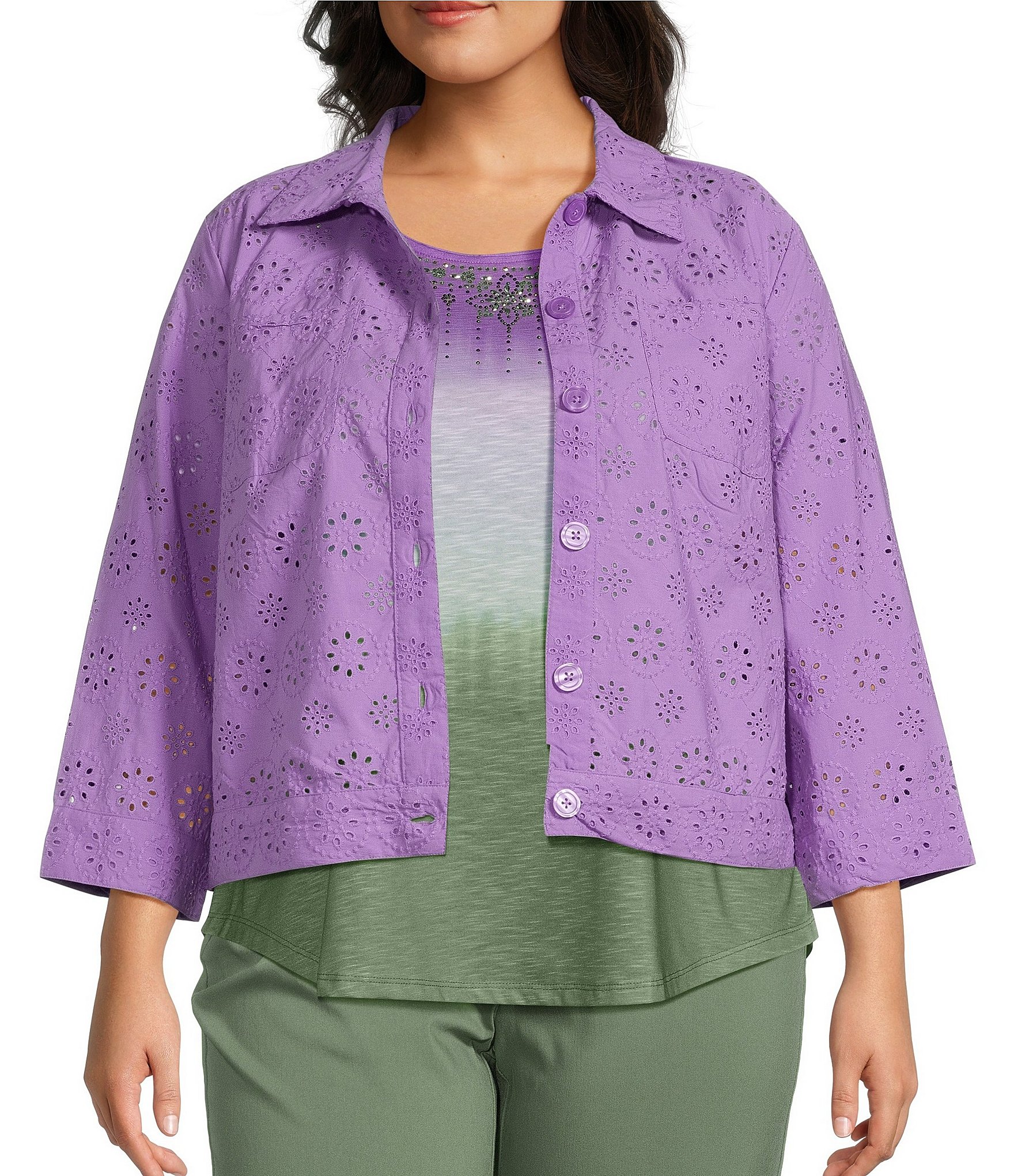 Allison Daley Plus Size 3/4 Sleeve Point Collar Button Front Eyelet Jacket