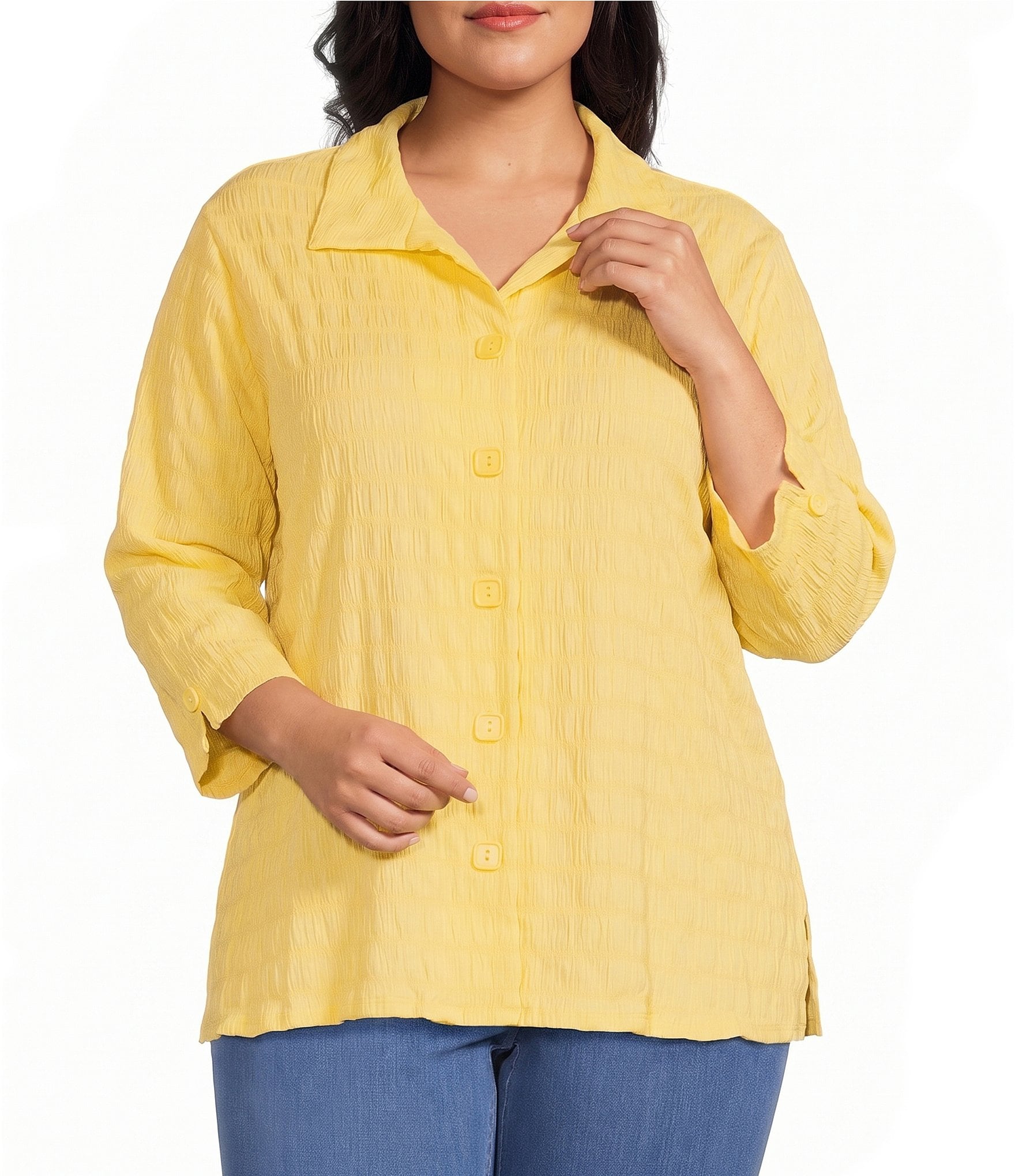 Allison Daley Plus Size 3/4 Sleeve Point Collar Button Front Knit Top