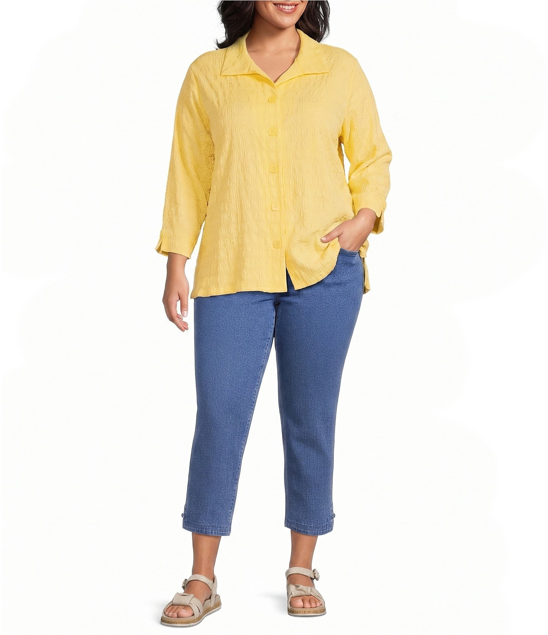Allison Daley Plus Size 3/4 Sleeve Point Collar Button Front Knit Top