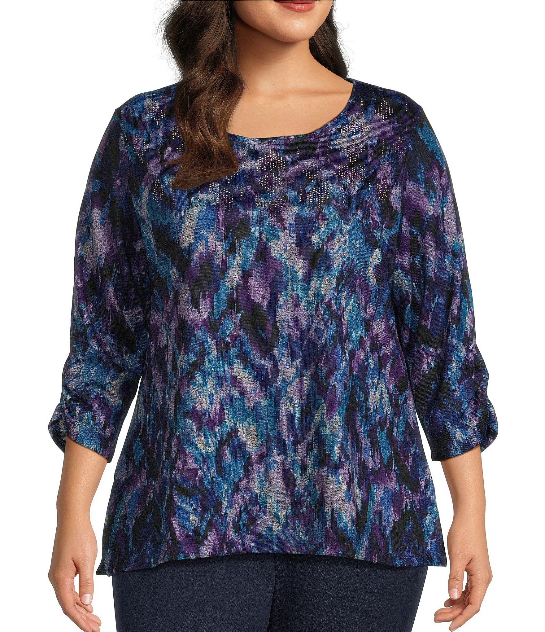 Allison Daley Plus Size Abstract Herringbone Print Embellished 34 Ruched Sleeve Crew Neck 5365