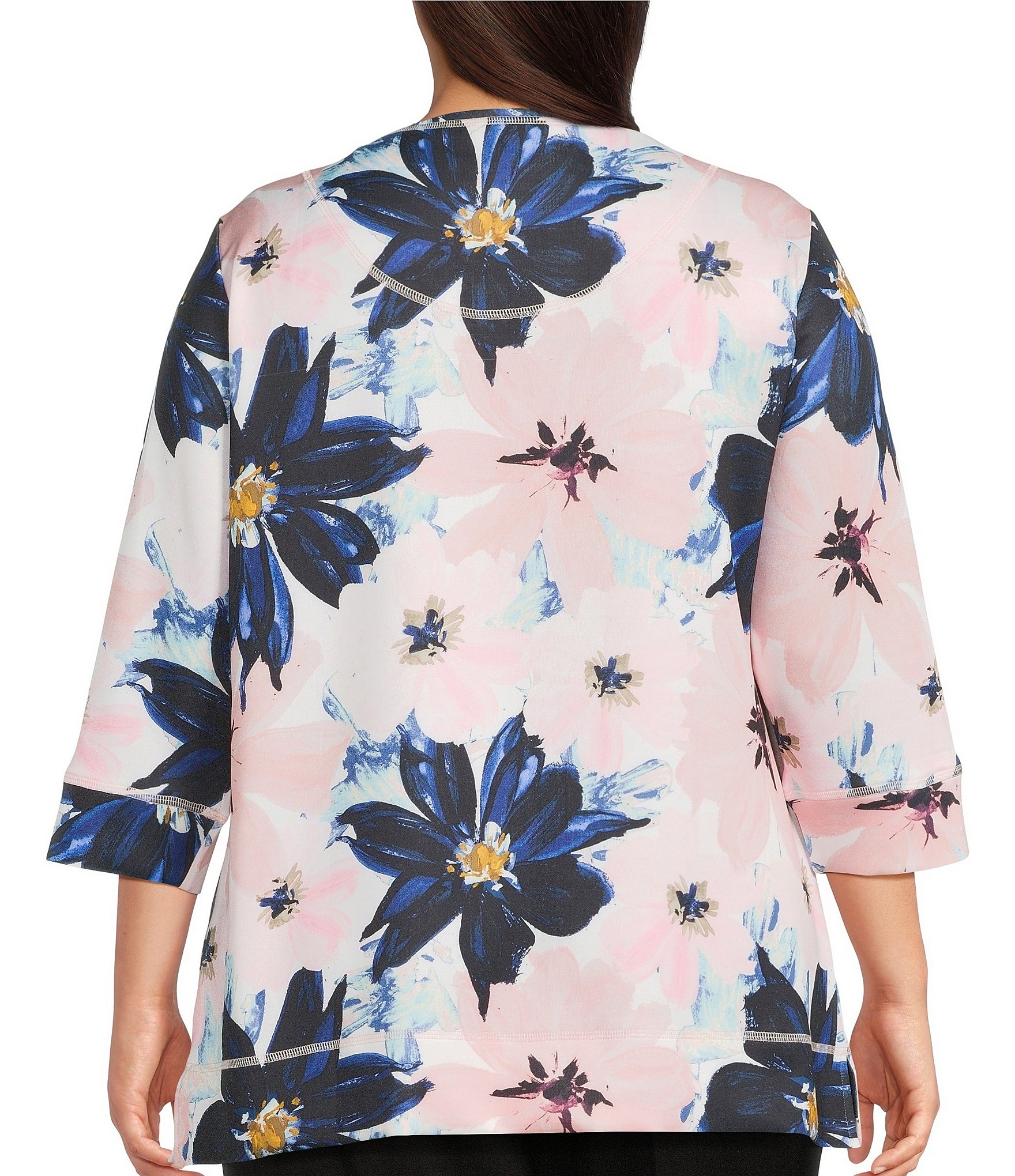 Allison Daley Plus Size Blush Floral Multi Print 3/4 Sleeve Crew Neck Scuba Knit Embellished Top