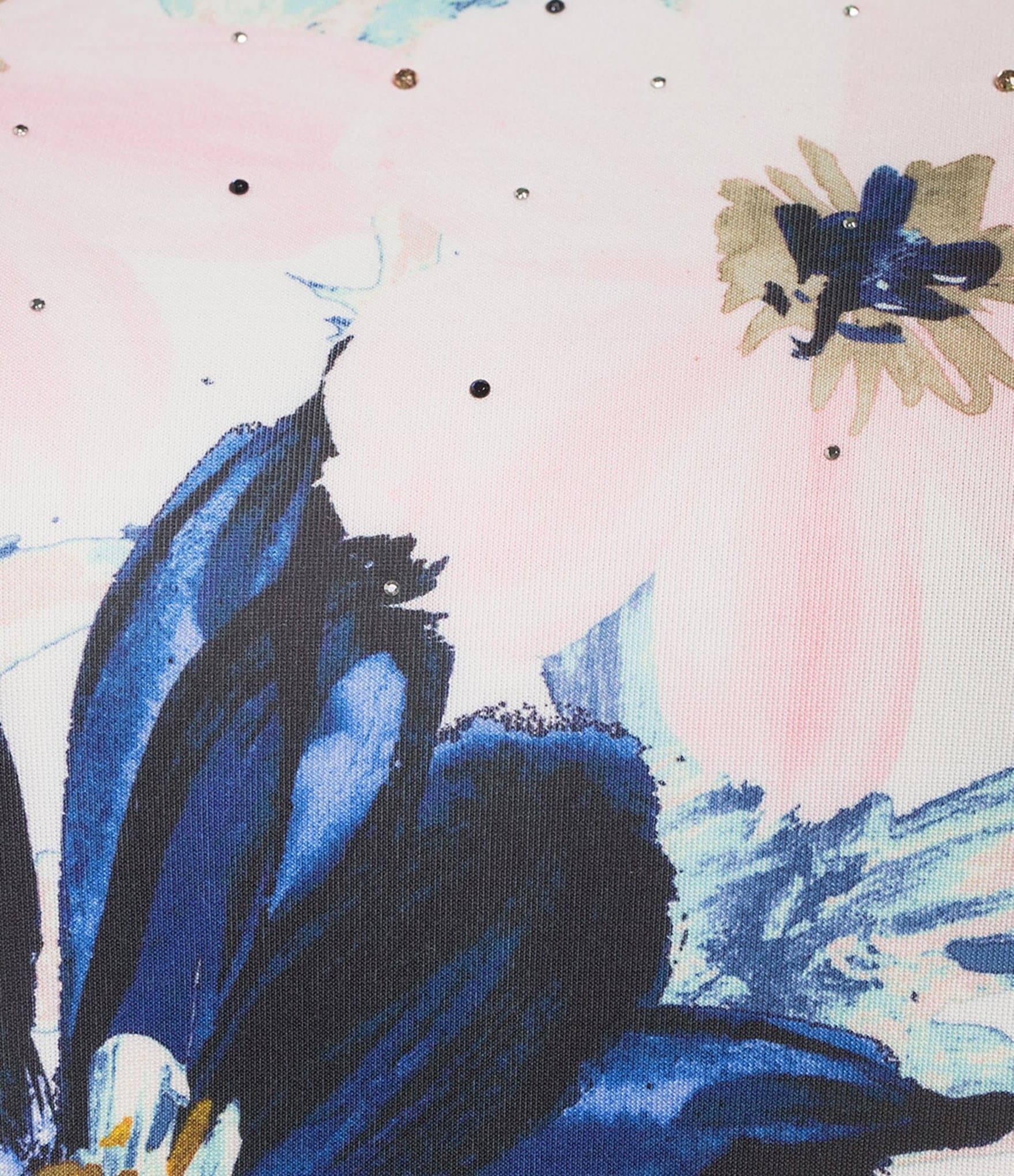 Allison Daley Plus Size Blush Floral Multi Print 3/4 Sleeve Crew Neck Scuba Knit Embellished Top