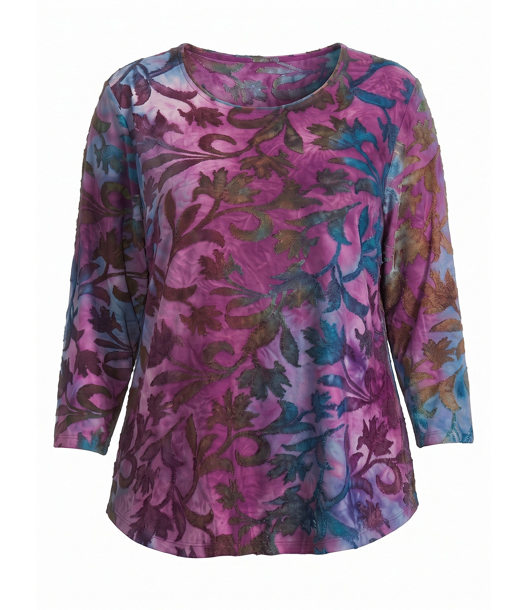 Allison Daley Plus Size Burnout 3/4 Sleeve Crew Neck Knit Top