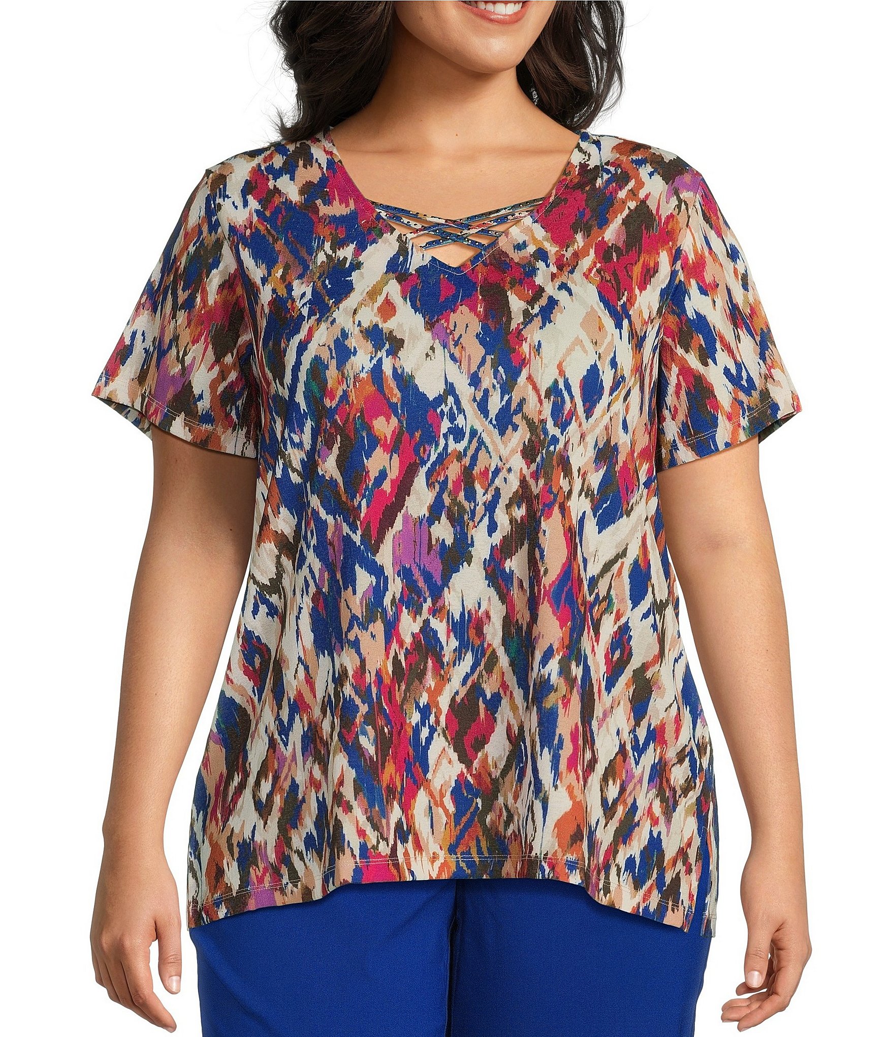 Allison Daley Plus Size Diamond Ikat Print Short Sleeve Criss Cross V ...