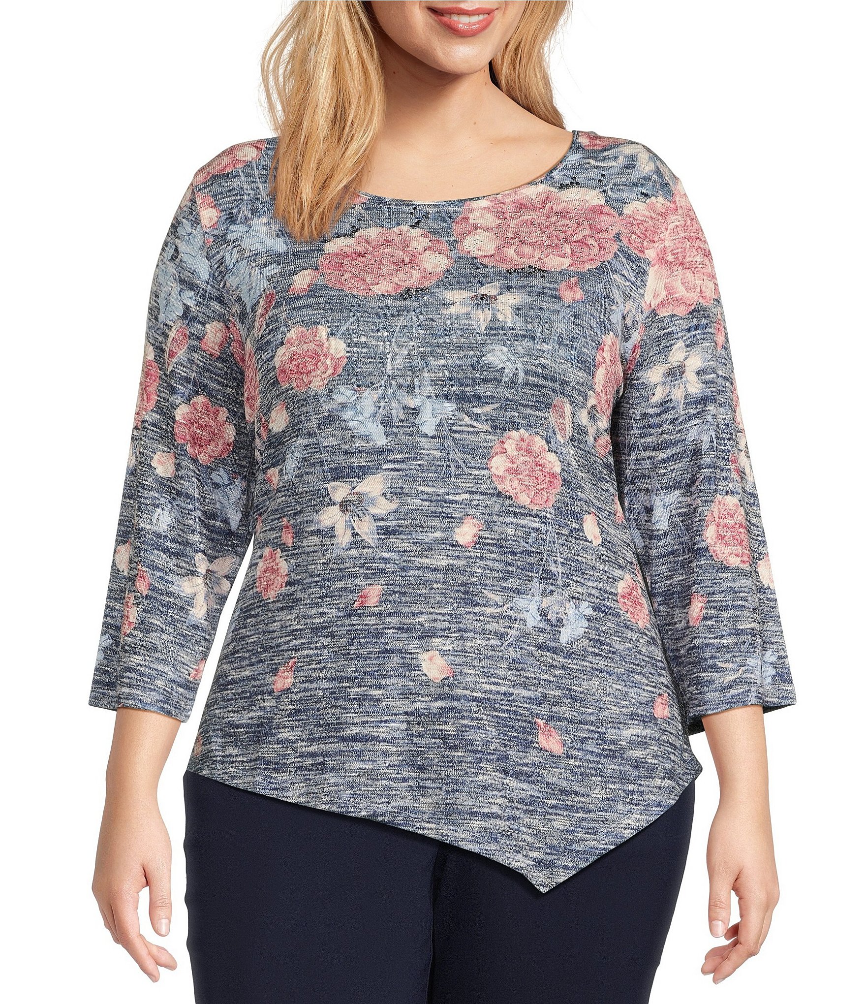 Allison Daley Plus Size Embellished Floral Print 3/4 Sleeve Crew Neck ...