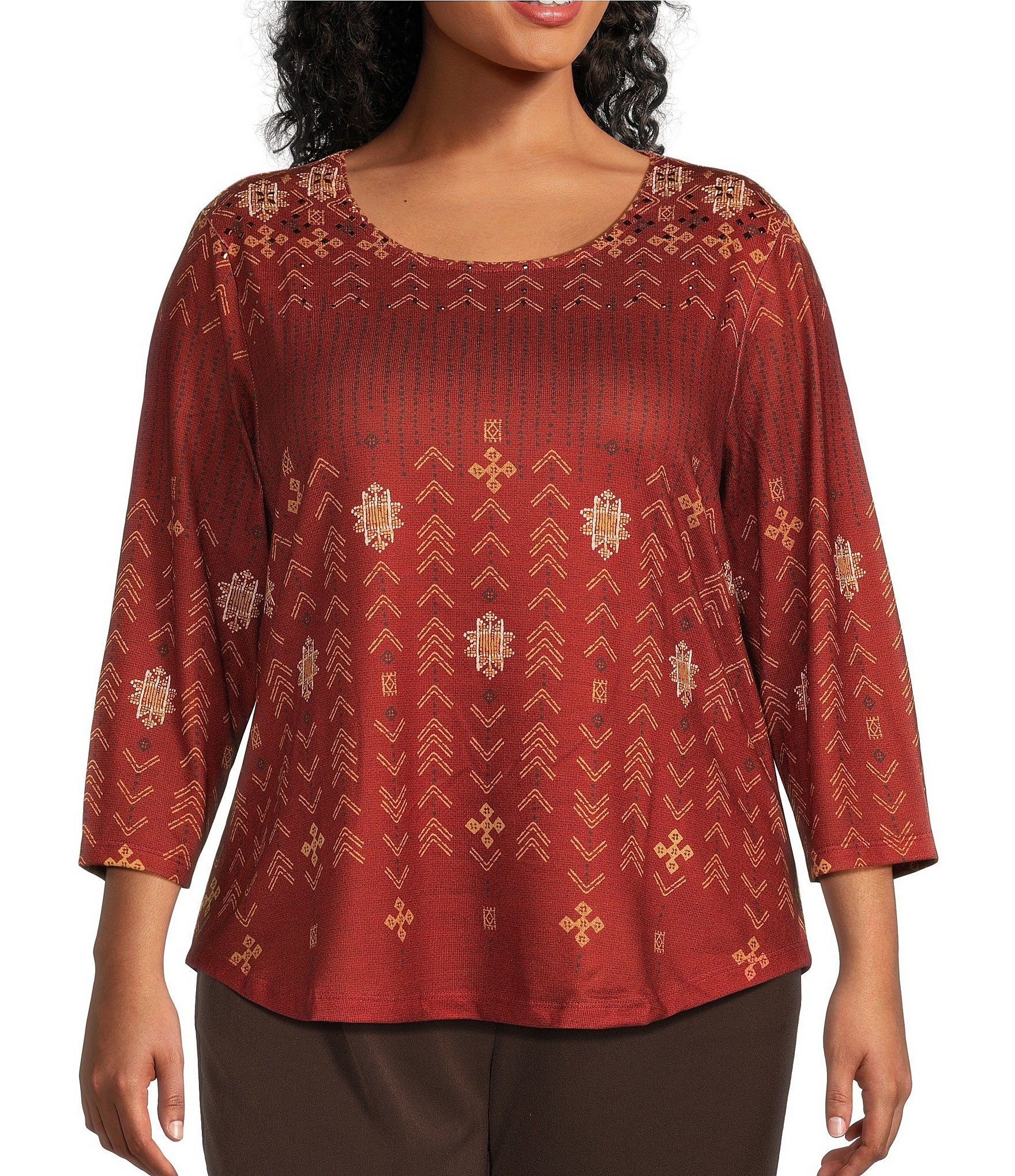 Allison Daley Plus Size Embellished Folk Stitch Spice Print 34 Sleeve Crew Neck Knit Top 5656