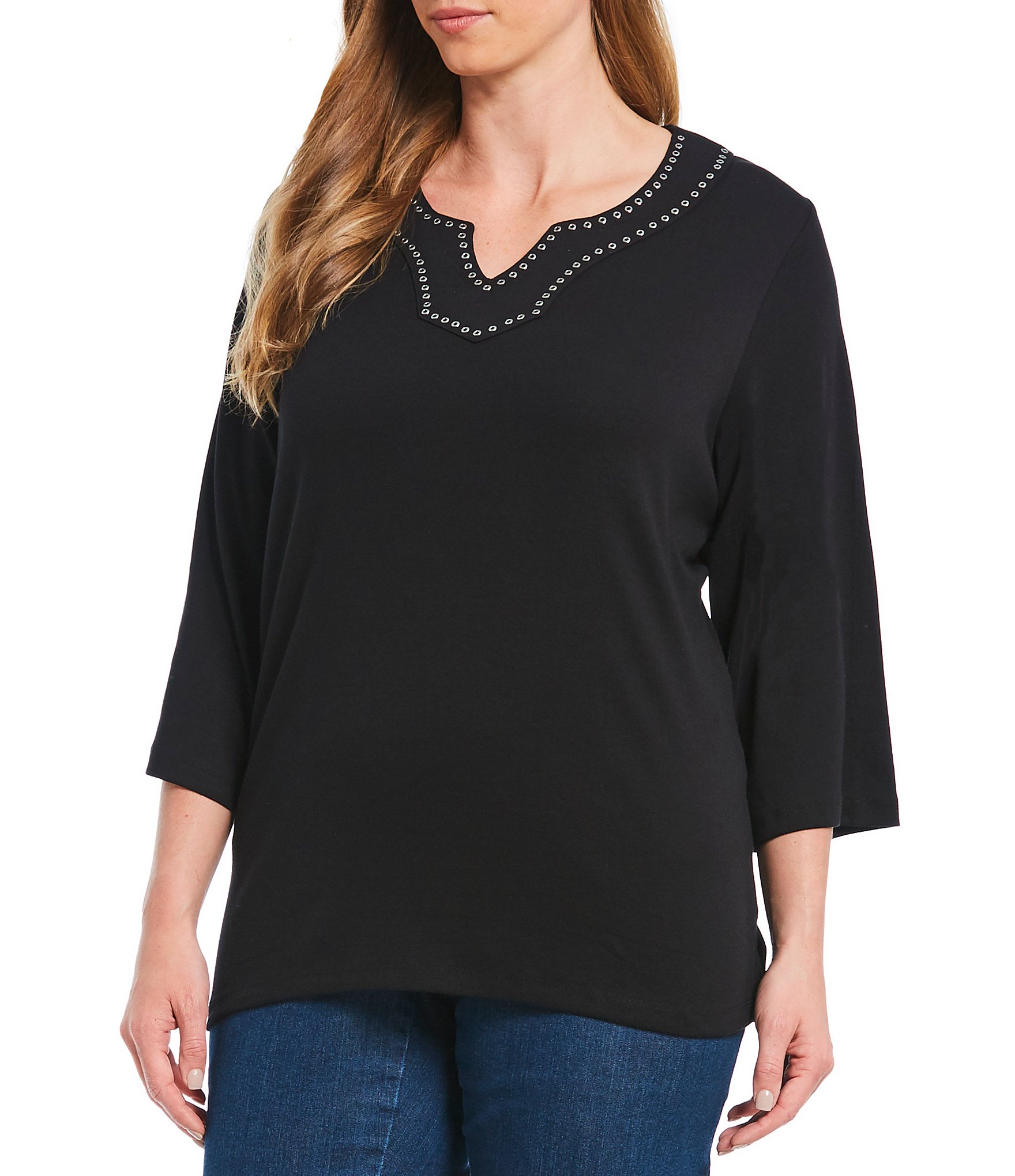 Allison Daley Plus Size Embellished Notch V-Neck Top | Dillards