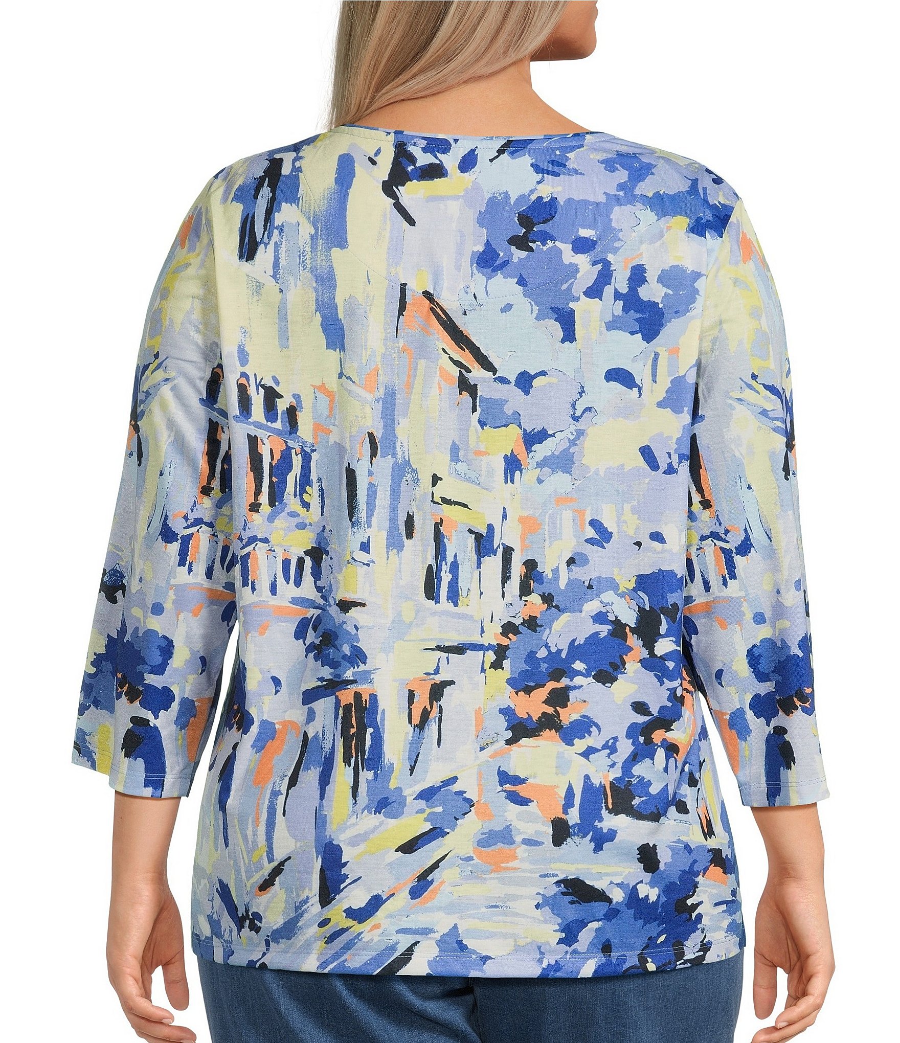 Allison Daley Plus Size Embellished Tropical Villa Print 3/4 Sleeve Crew Neck Knit Top