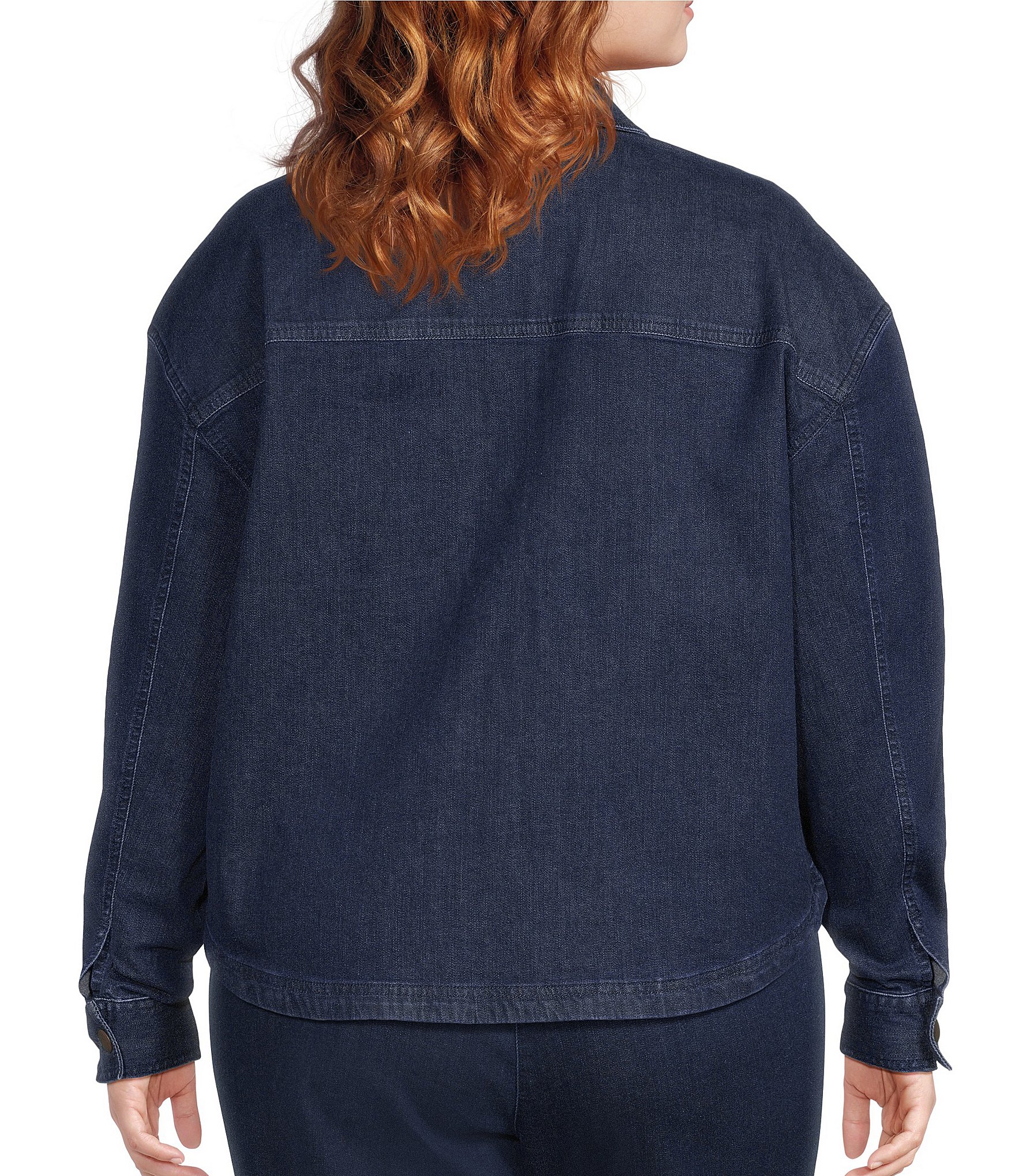 Allison Daley Plus Size Embroidery Detail Long Sleeve Button Front Point Collar Stretch Denim Jacket