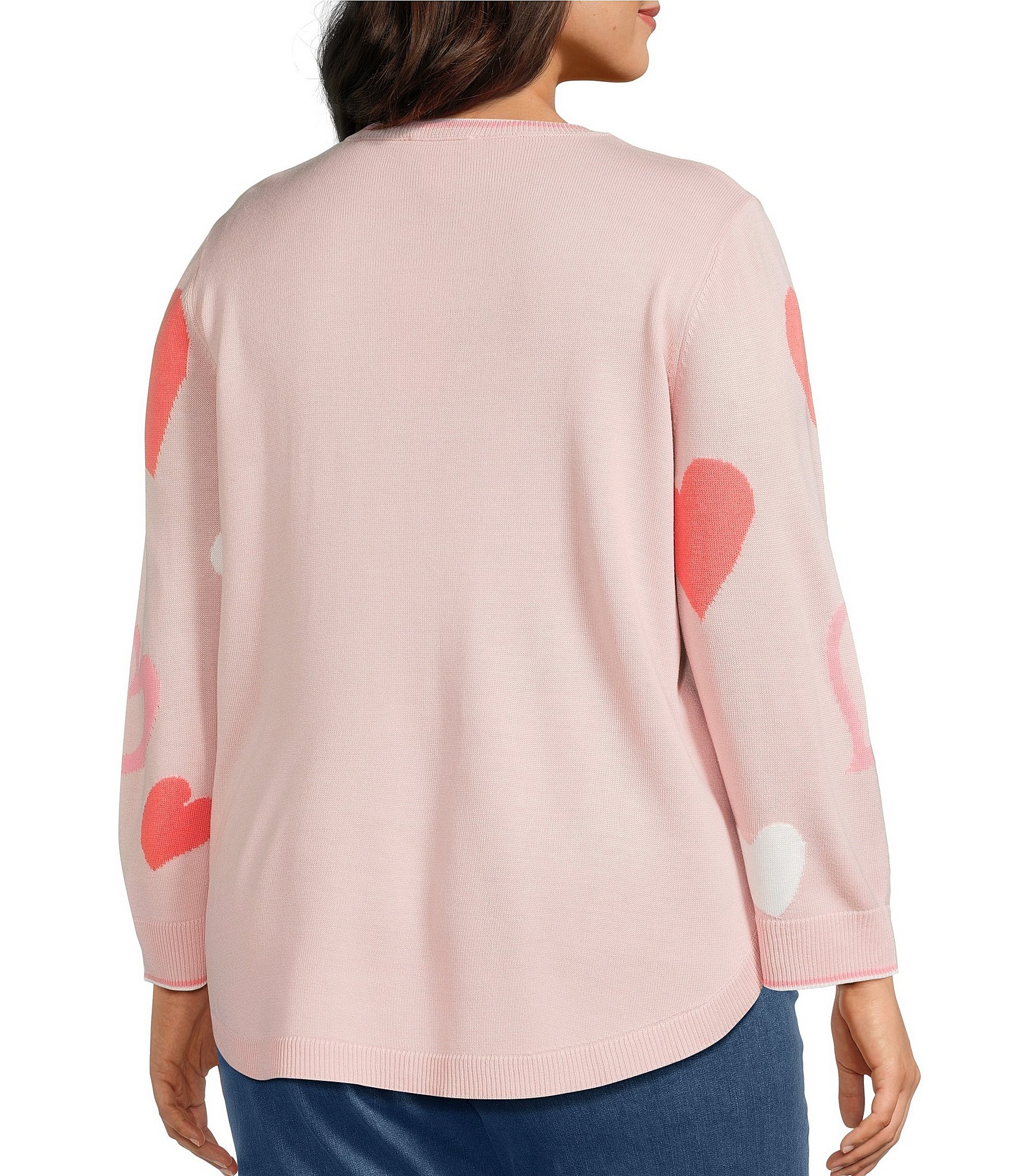 Allison Daley Plus Size Floating Hearts 3/4 Sleeve Crew Neck Curve Hem Sweater