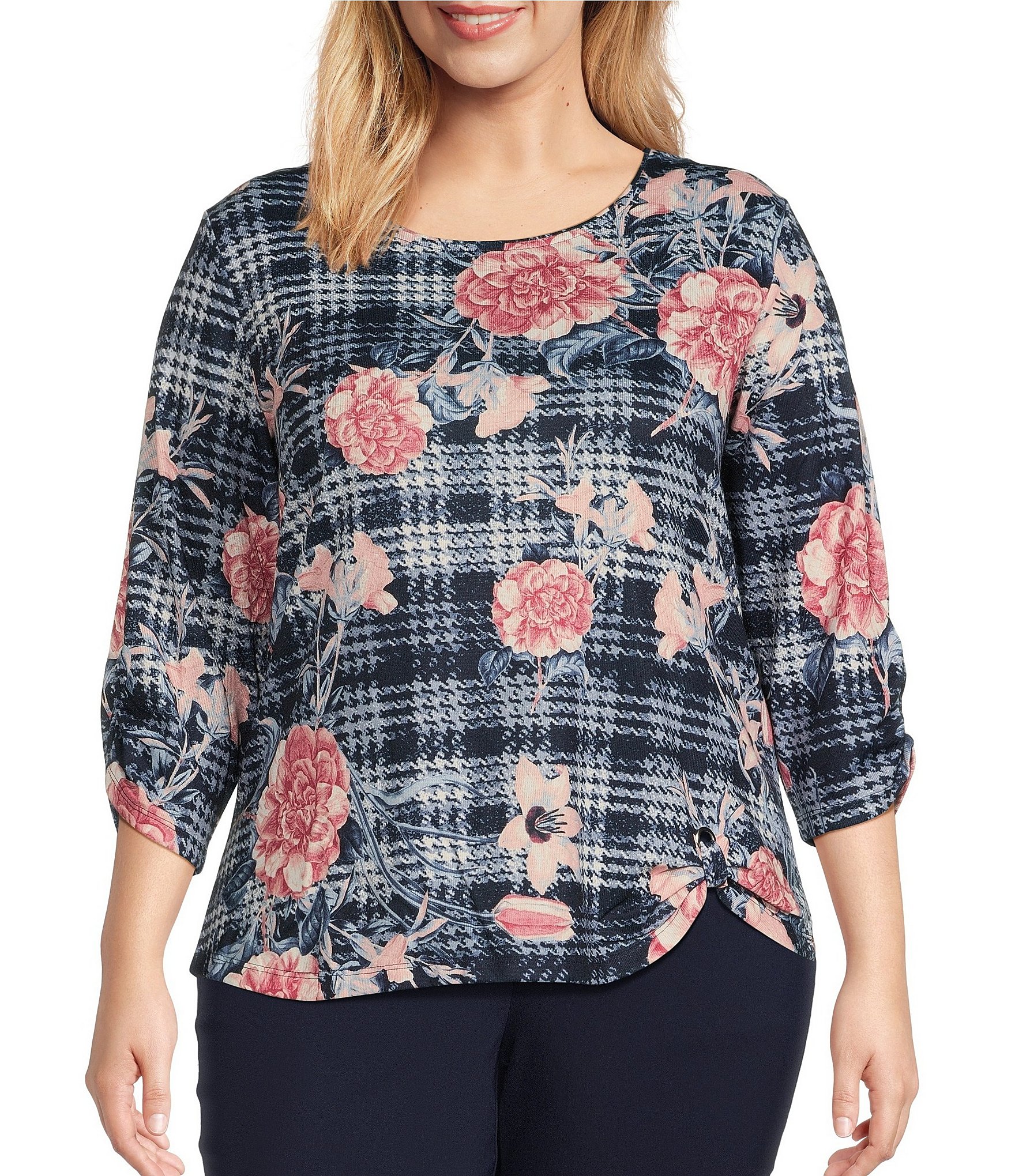 Allison Daley Plus Size Floral Plaid 3/4 Ruched Sleeve Crew Neck Knot ...