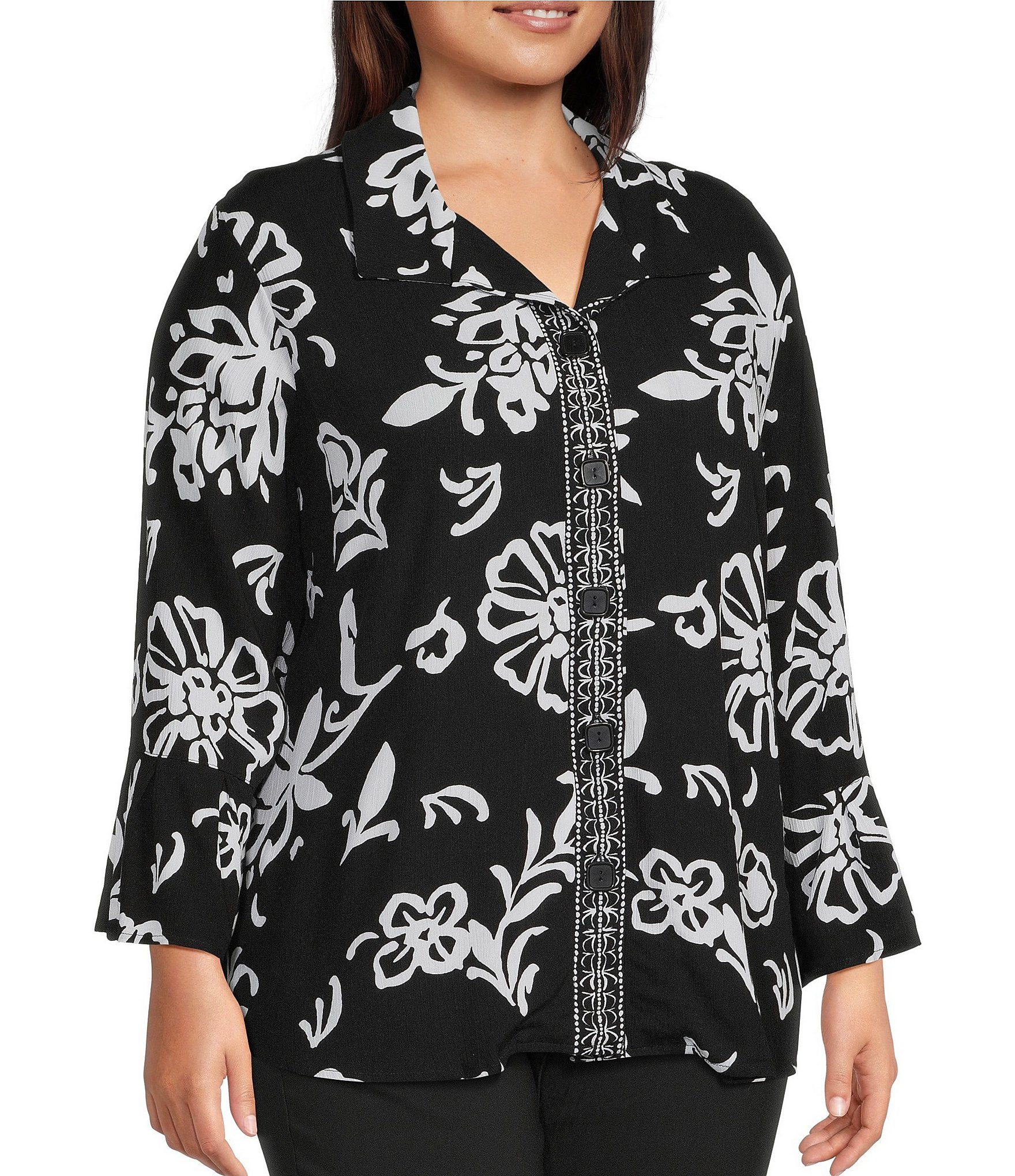 Allison Daley Plus Size Floral Print 3/4 Flounce Sleeve Button Front Point Collar Top