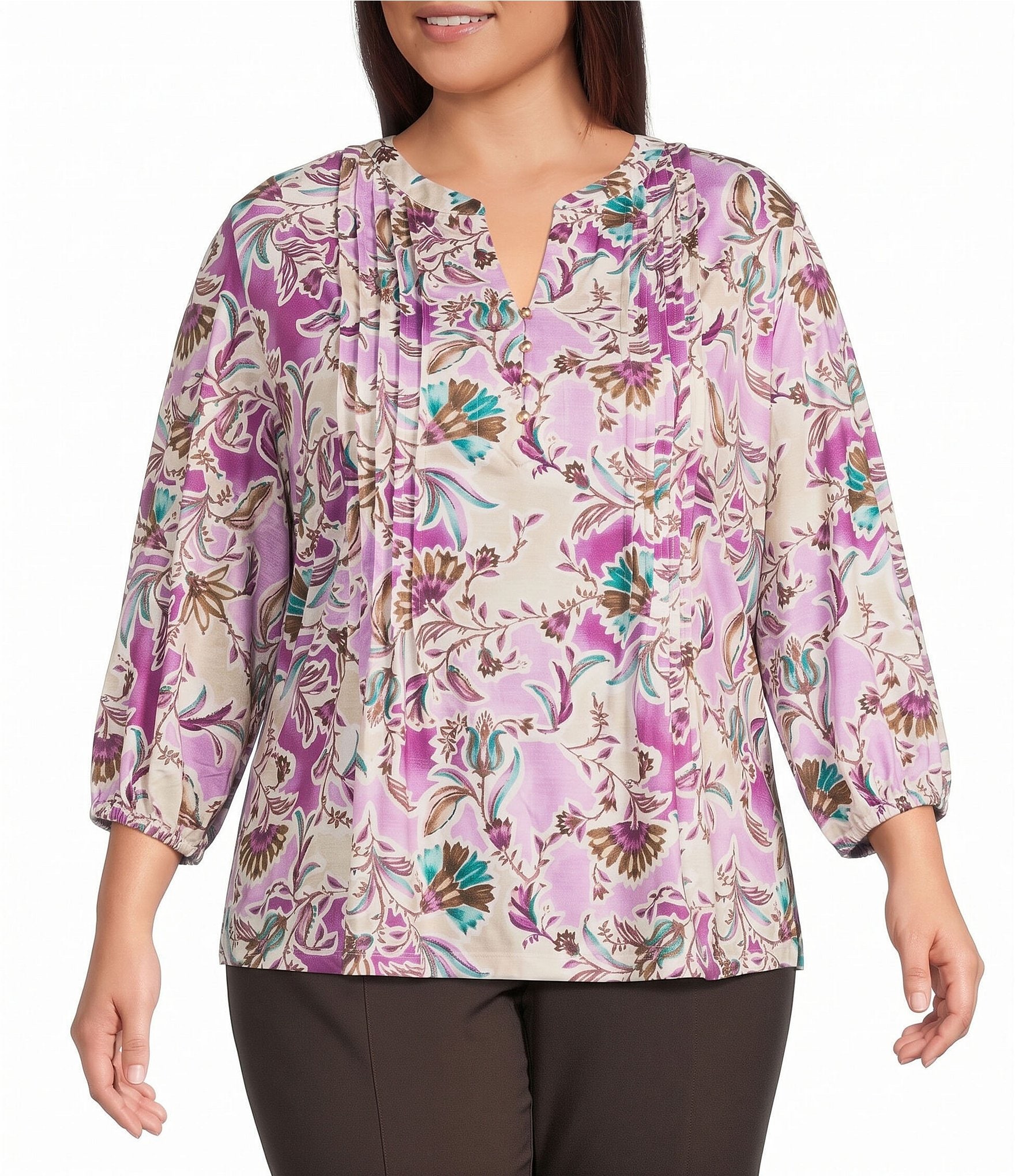 Allison Daley Plus Size Floral Print 3/4 Sleeve Y-Neck Top
