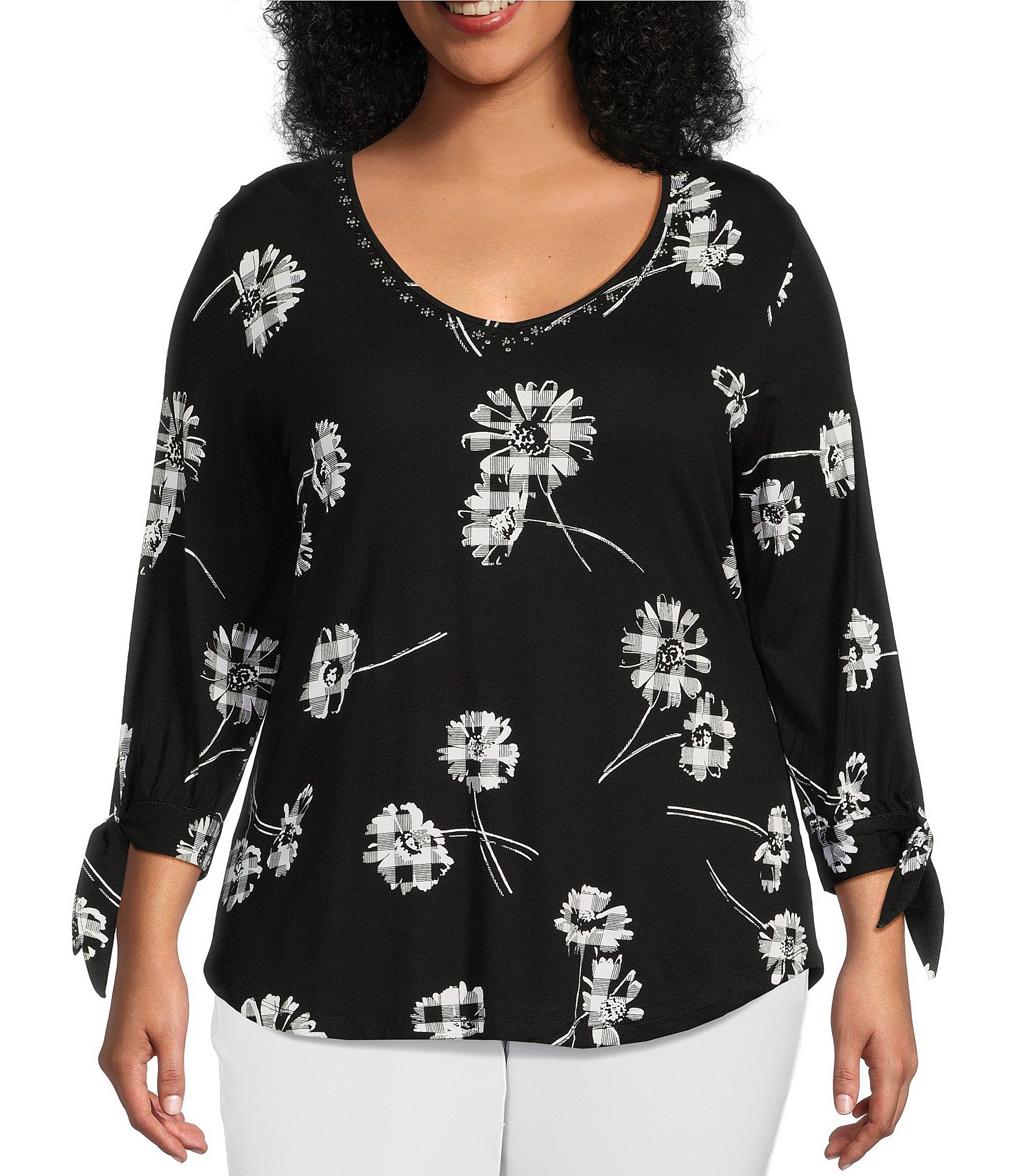 Allison Daley Plus Size Floral Print V-Neck 3/4 Tie Sleeve Knit Top ...