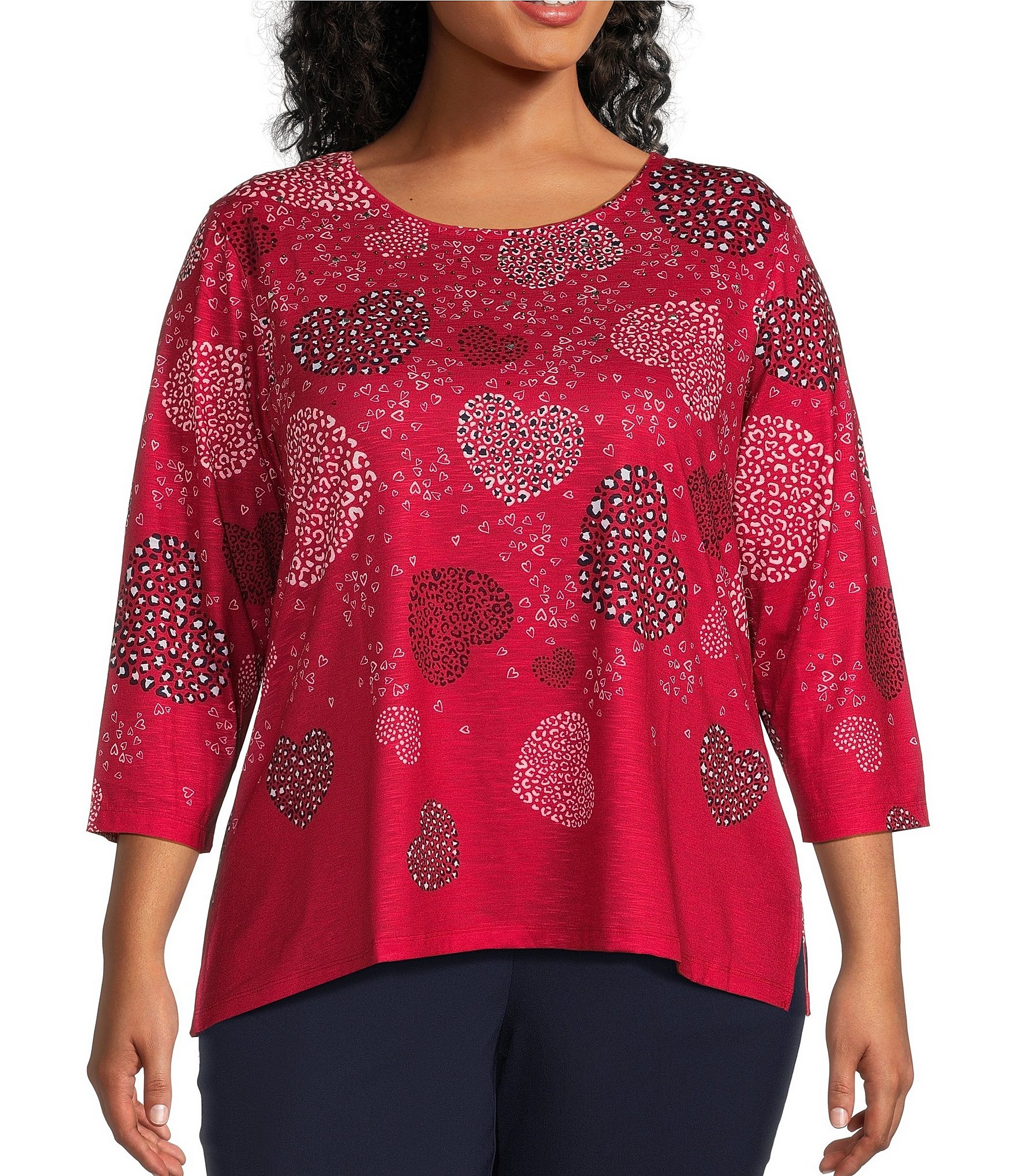 Allison Daley Plus Size Heart Print 3/4 Sleeve Crew Neck Knit Top ...