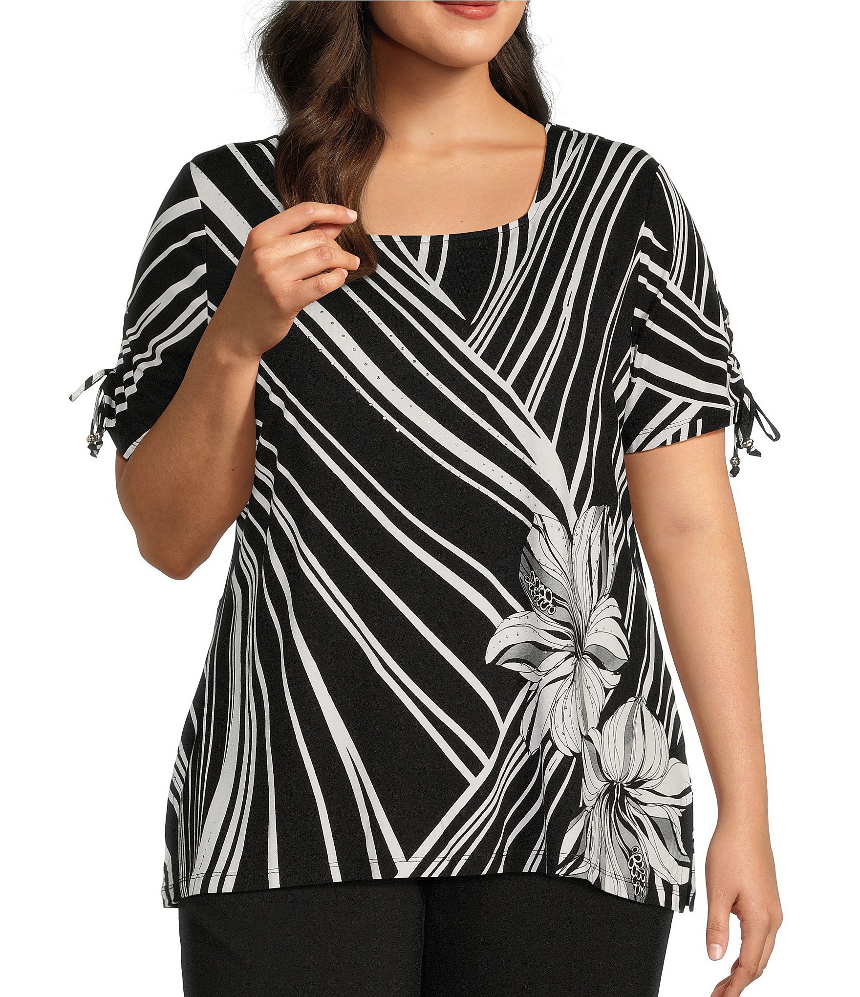 Allison Daley Plus Size Hibiscus Wave Print Short Ruched Tie Allison Daley Plus Size Hibiscus Wave Print Short Ruched Tie