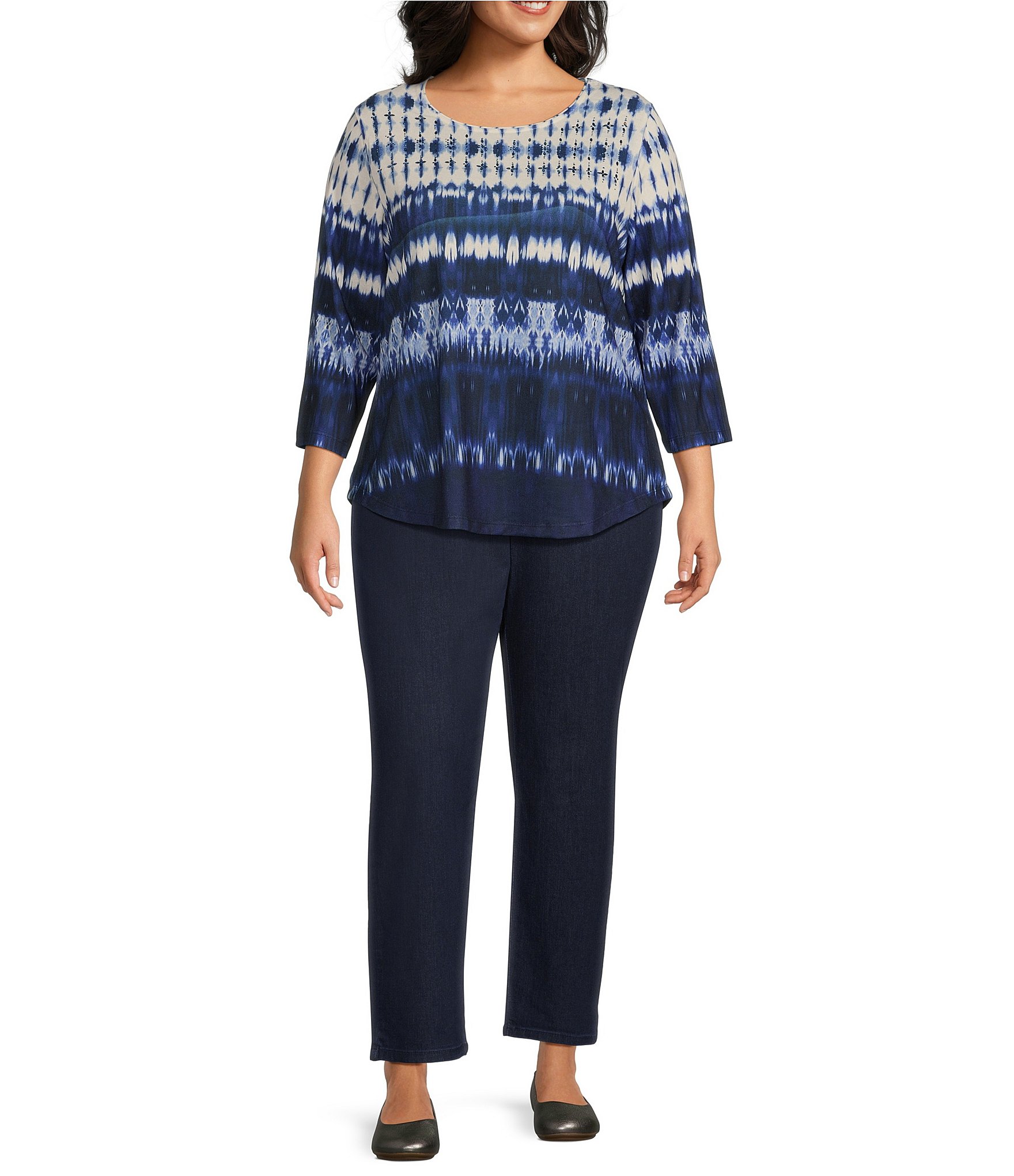 Allison Daley Plus Size Indigo Blues Embellished 3/4 Sleeve Crew Neck Knit Top