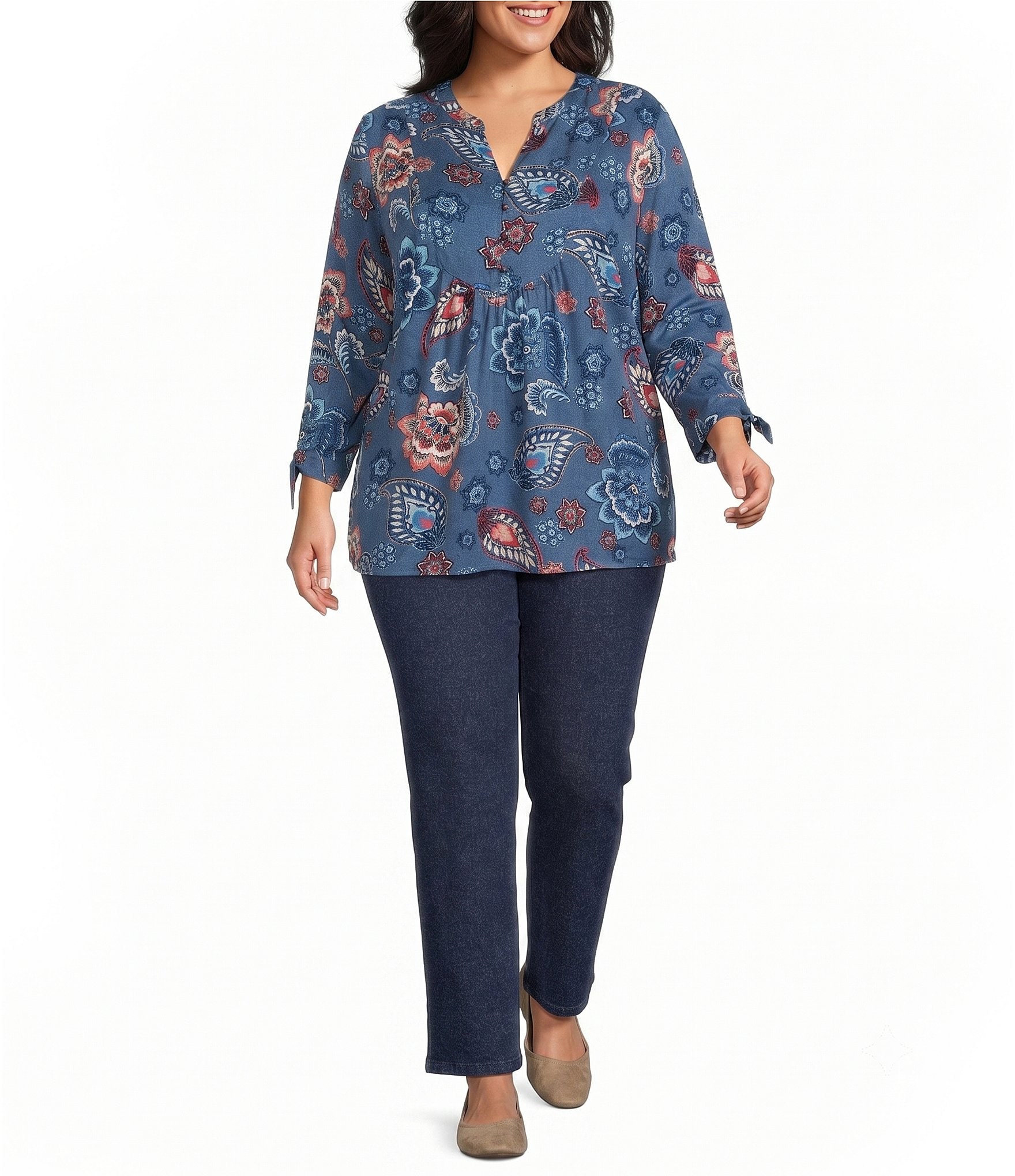Allison Daley Plus Size Indigo Multi Floral Print 3/4 Tie Sleeve Y-Neck Blouse