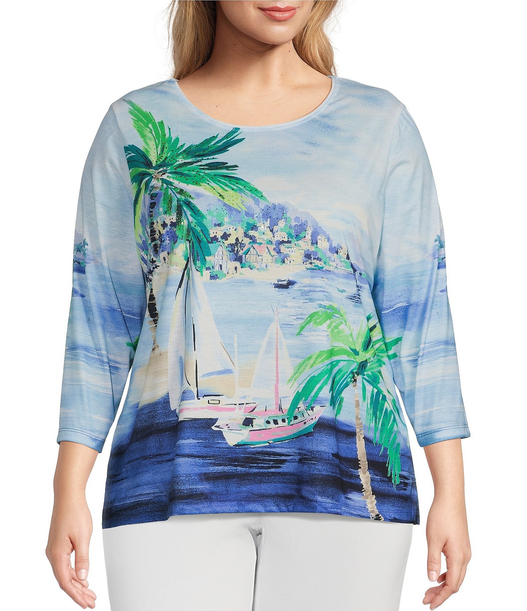 Allison Daley Plus Size Island Breeze 34 Sleeve Crew Neck Embellished Knit Top Dillards 1046