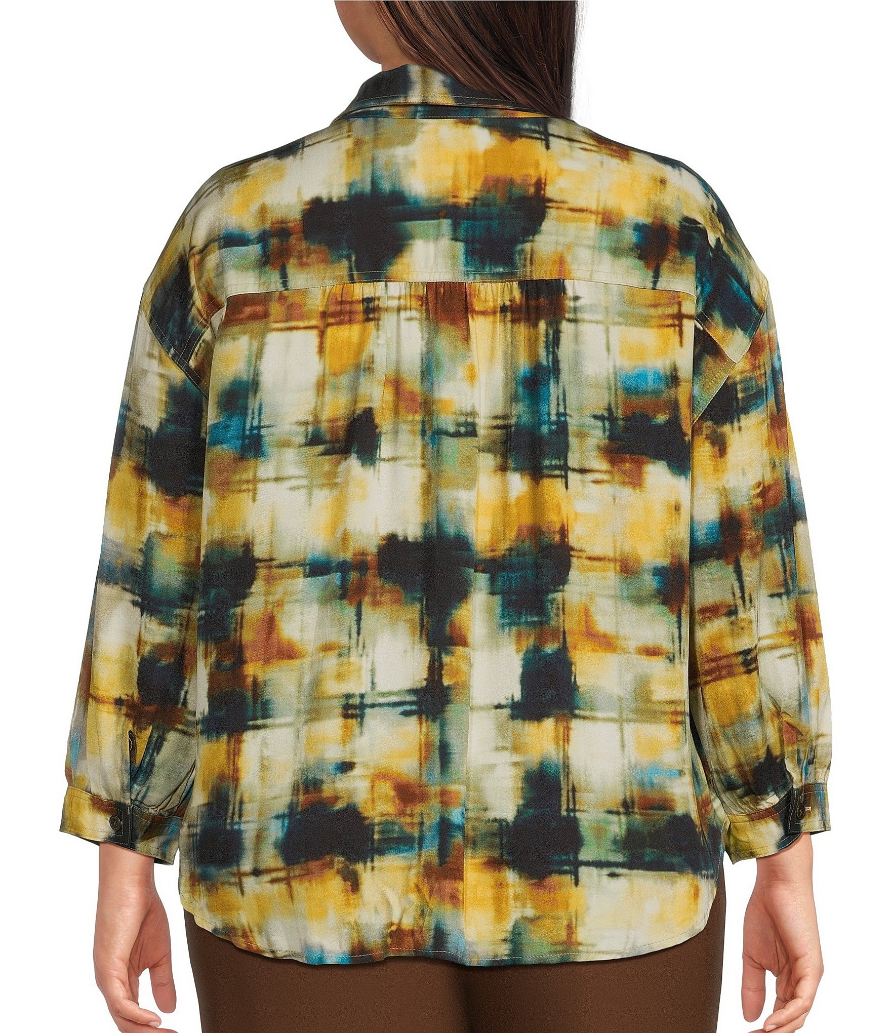 Allison Daley Plus Size Multi Check 3/4 Sleeve Button Front Point Collar Blouse