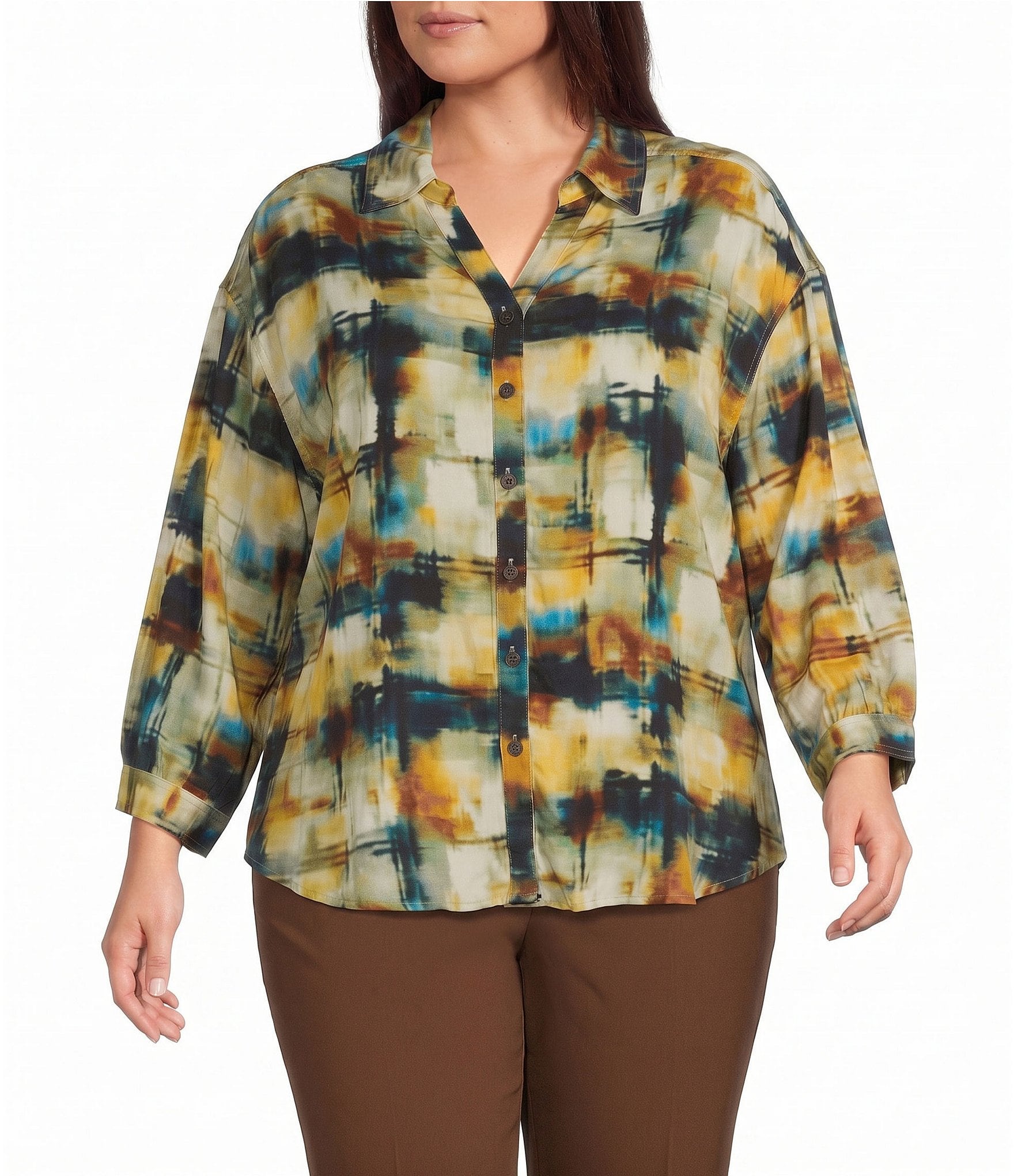 Allison Daley Plus Size Multi Check 3/4 Sleeve Button Front Point Collar Blouse